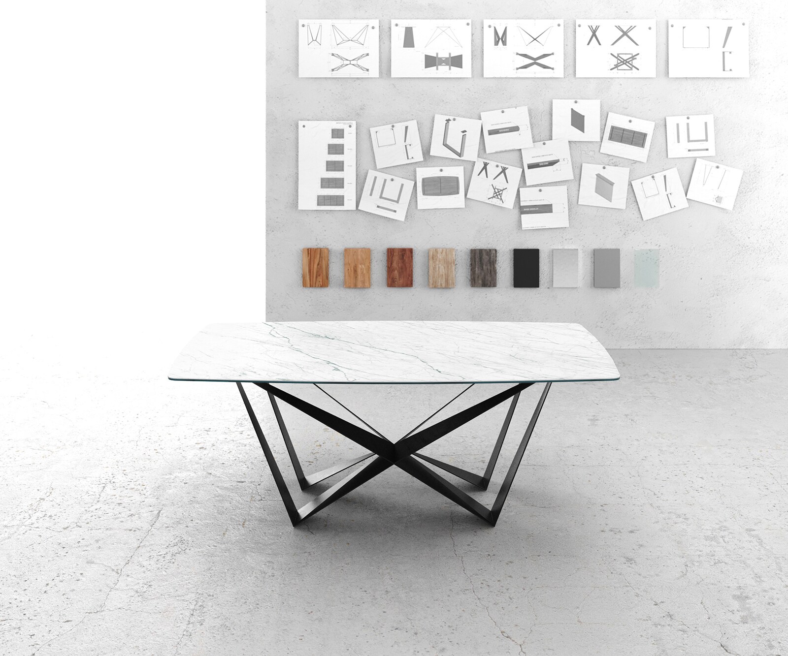 Eettafel Edge Bootsform 200x100cm Laminam® keramiek wit middenpoot vlak staal zwart 1 Eettafel Edge Bootsform 200x100cm Laminam® keramiek wit middenpoot vlak staal zwart 1