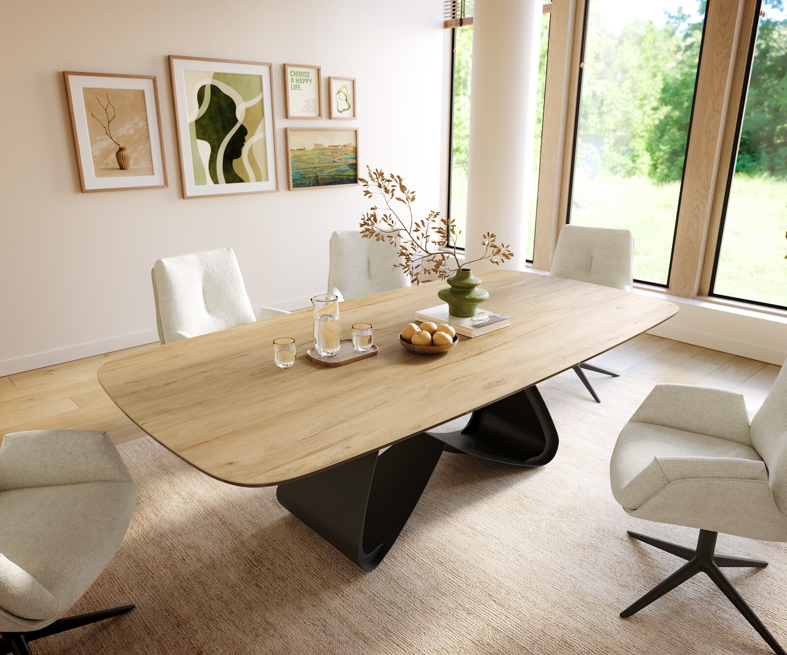 Eettafel Edge Boot 240x120 cm Keramiek Laminam® Sabbia Eichefarbig W-onderstel Metaal Zwart
