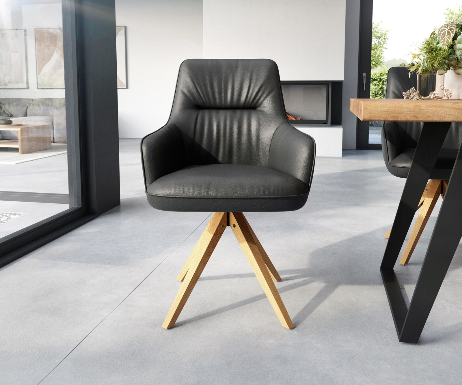Eetkamerstoel Zelia-Flex met armleuning echt leer zwart houten frame hoekig natuur pocketveer kern 1