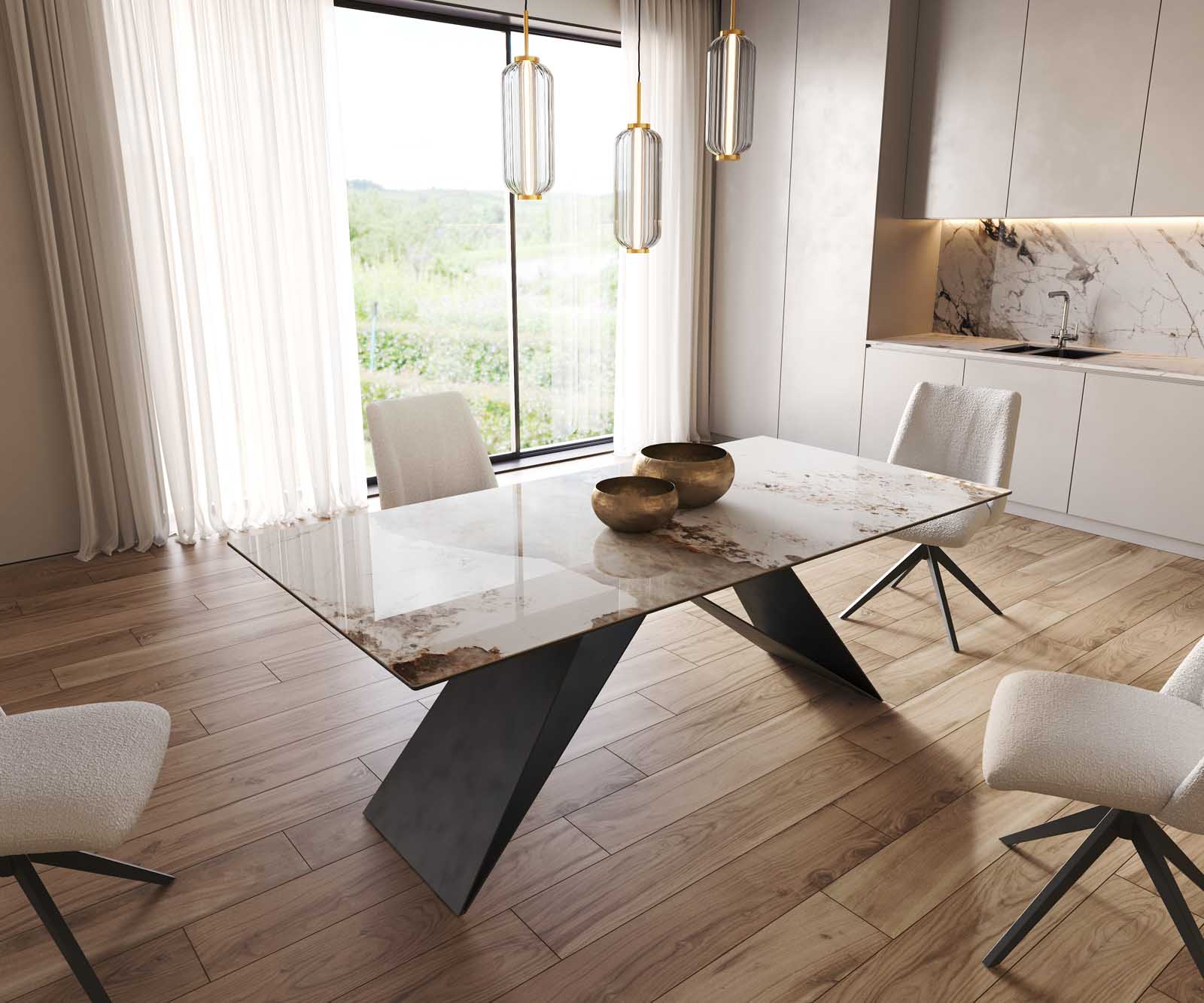 Eetkamertafel Edge 200x100 keramiek Minas Melange wit-beige V-frame vlak staal zwart