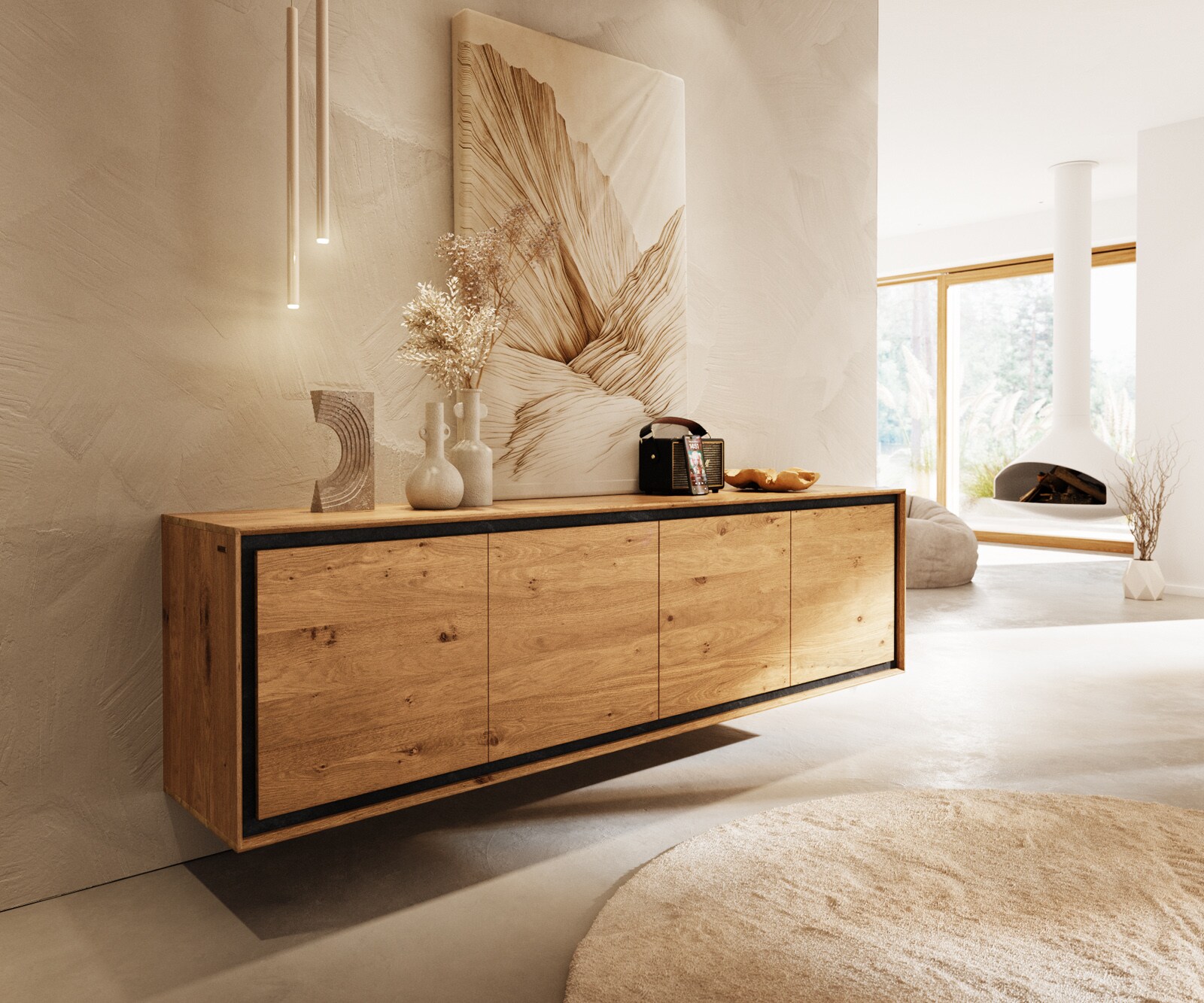 Dressoir Stonegrace 200 cm natuur eiken 4 deuren steenfineer zwevend