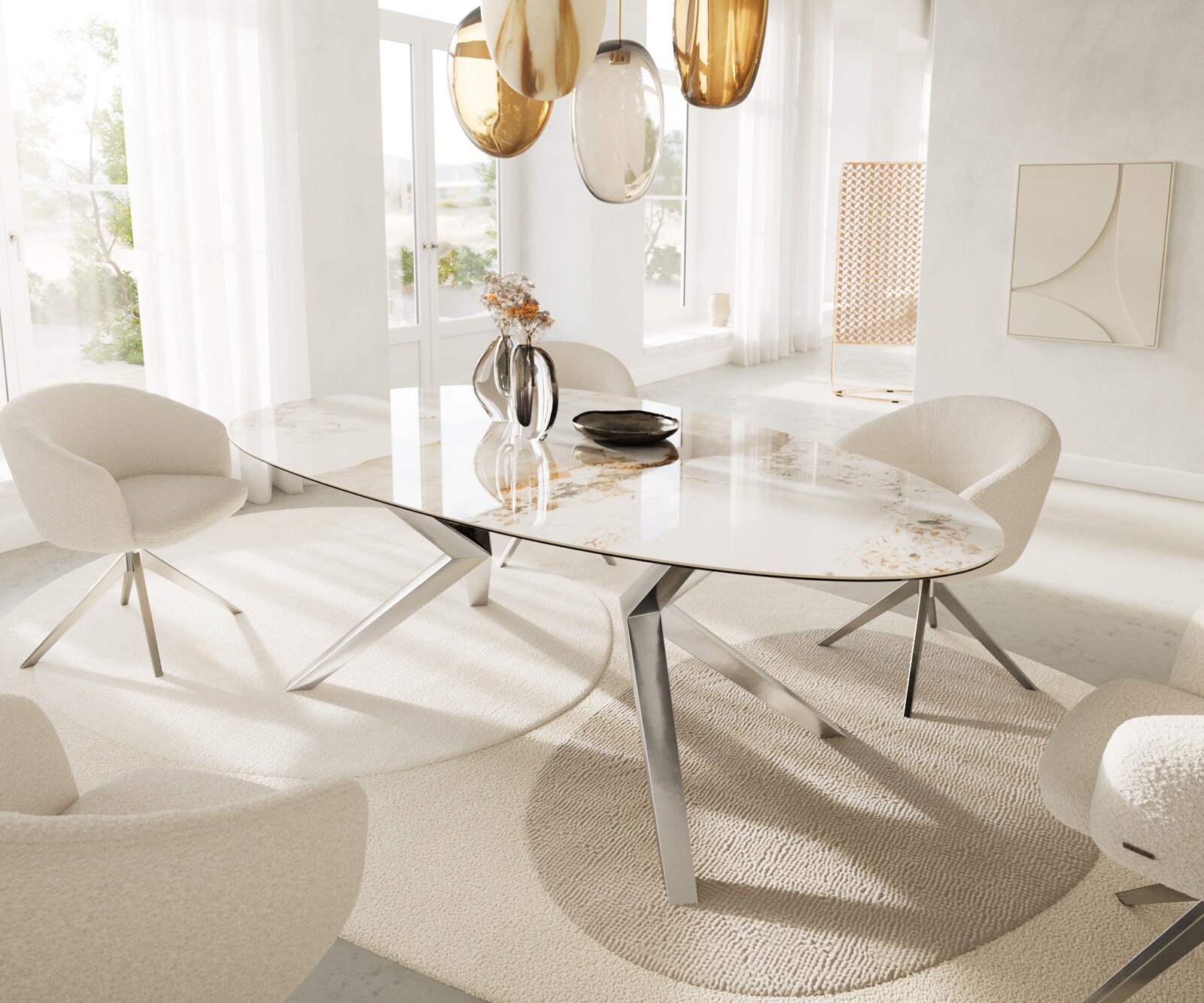 Eetkamertafel Edge ovaal 220x120 keramiek Minas Melange wit-Beige Zenthara hoekig roestvrij staal 1