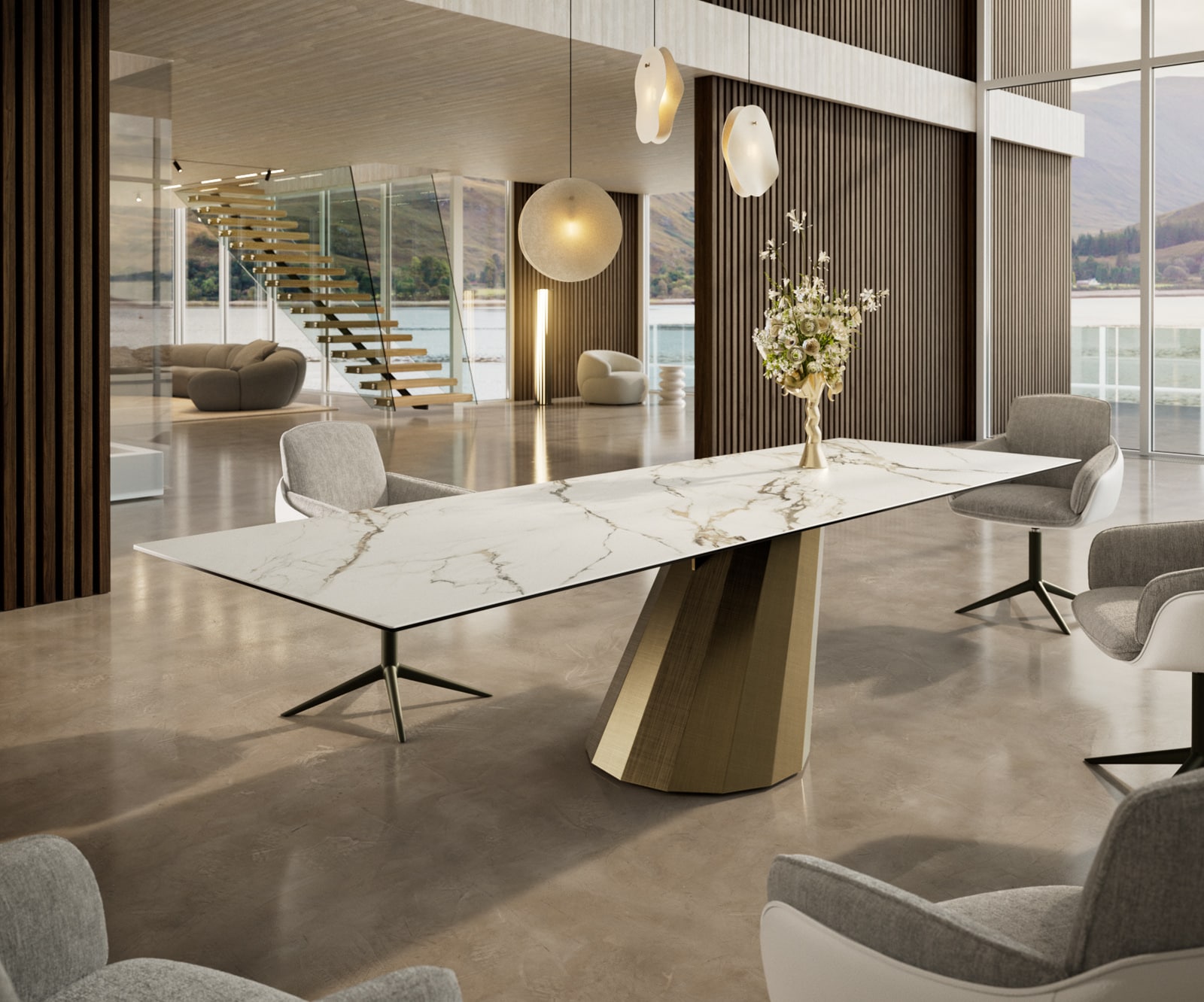 Eettafel Edge 300x100 keramiek  Calacatta Luxe wit-goud-grijs Parabel metaal goud 1 Eettafel Edge 300x100 keramiek  Calacatta Luxe wit-goud-grijs Parabel metaal goud 1