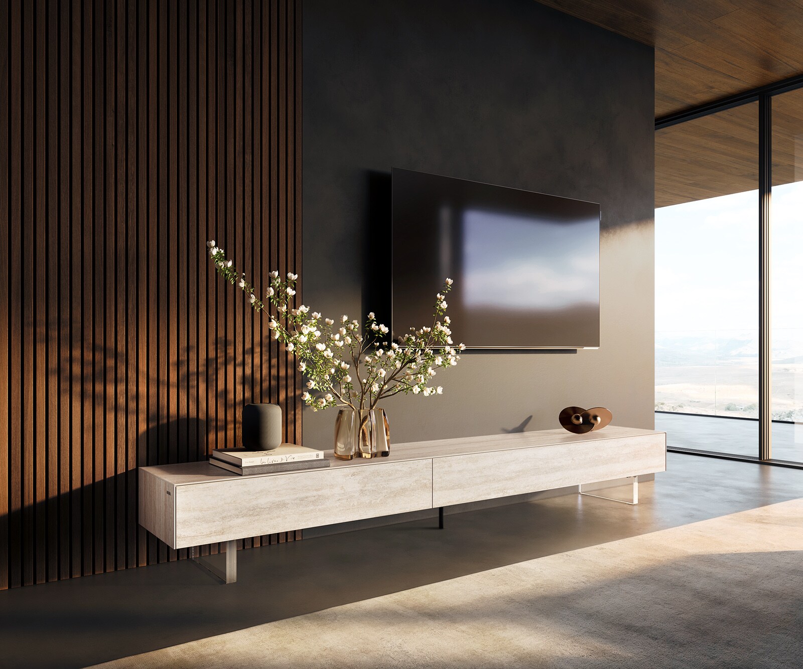 Tv-meubel Cuor 250 cm Keramiek Laminam® Travertino Bianco Crème-wit 1 Flap 1 Lade Zwevende voet look Acrylglas