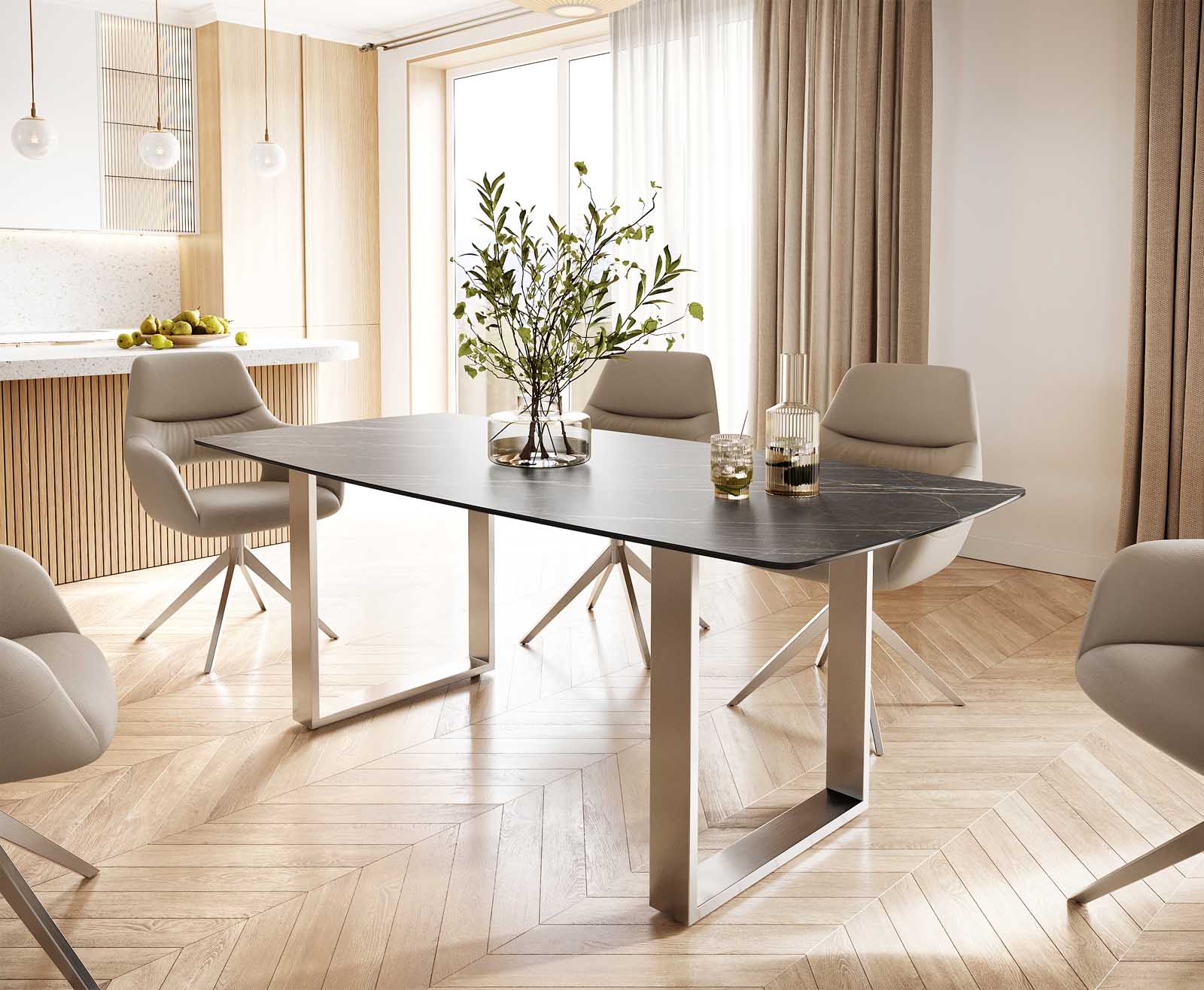 Eettafel Edge Bootsform 200x100 keramiek Laminam® Noir Desir bruin roestvrij staal smal