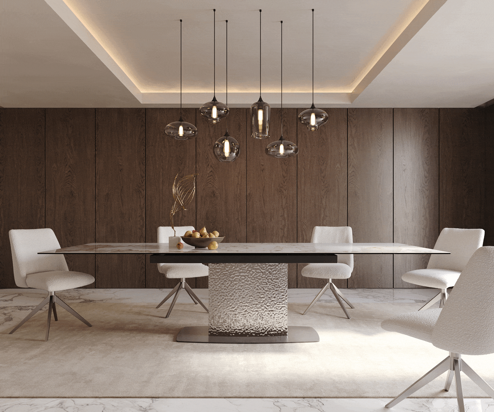 Eetkamertafel Edge 200-300x100 keramiek Minas Melange wit-beige Wave RVS uitschuifbaar 1