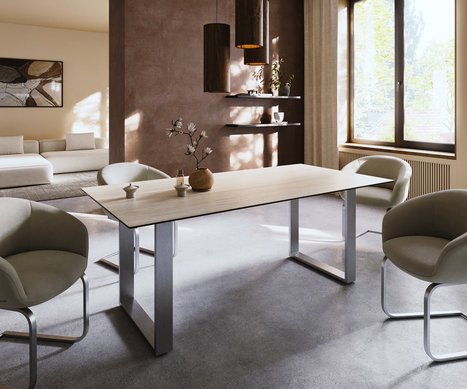 Eettafel Edge 200x100 keramiek  Laminam® Travertino Bianco Creme-wit RVS Schmal 1