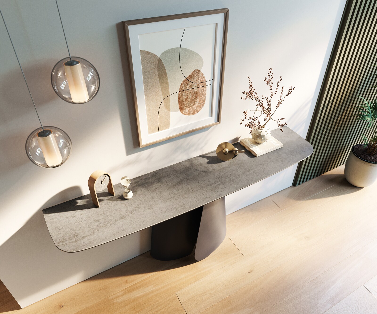 Consoletafel Edge Bootvorm 180x40 cm Keramiek Betongrijs Livos Metaal Zwart 4