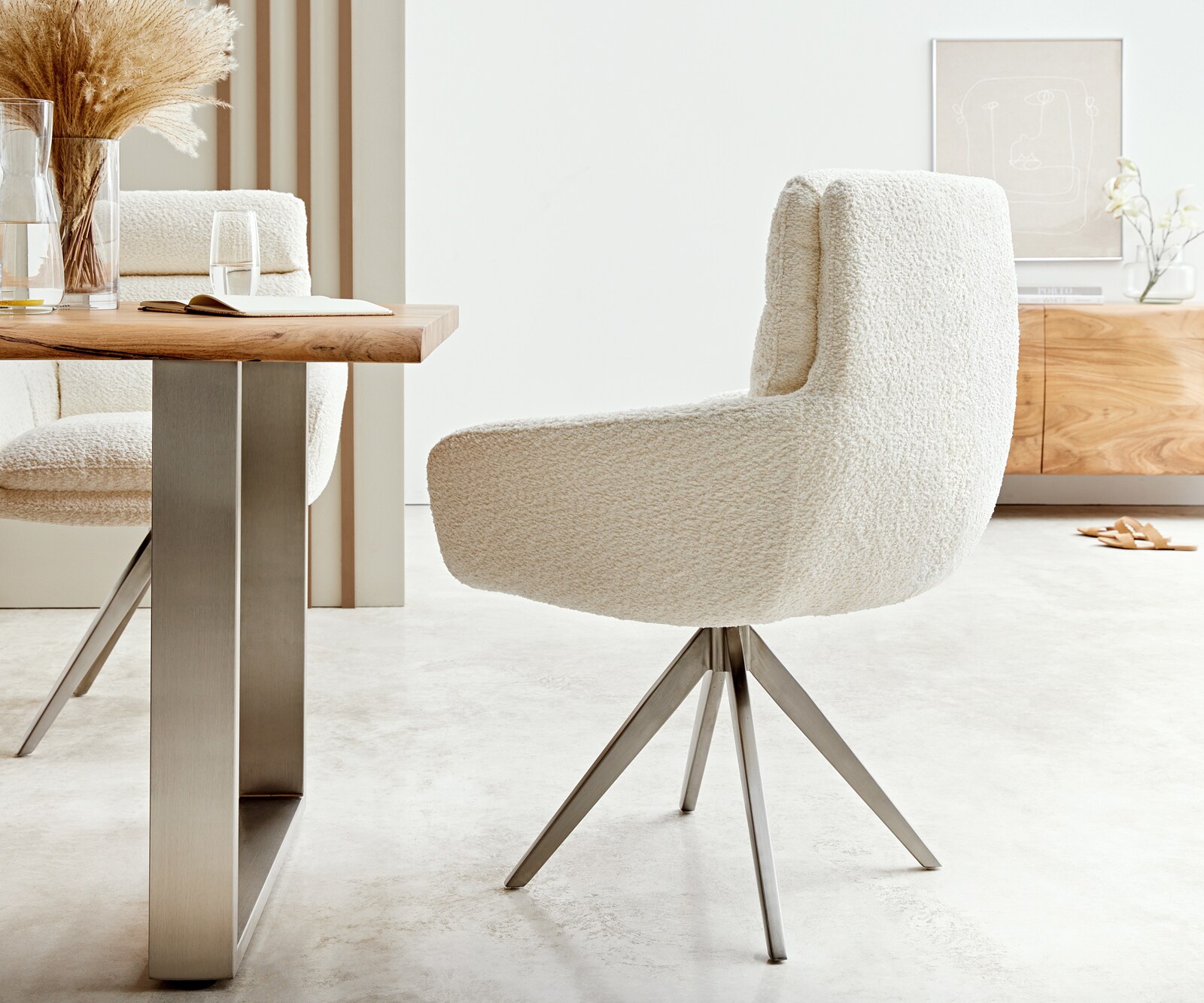 Eetkamerstoel Abelia-Flex met armleuning bouclé wit kruisframe hoekig roestvrij staal 4 Eetkamerstoel Abelia-Flex met armleuning bouclé wit kruisframe hoekig roestvrij staal 4