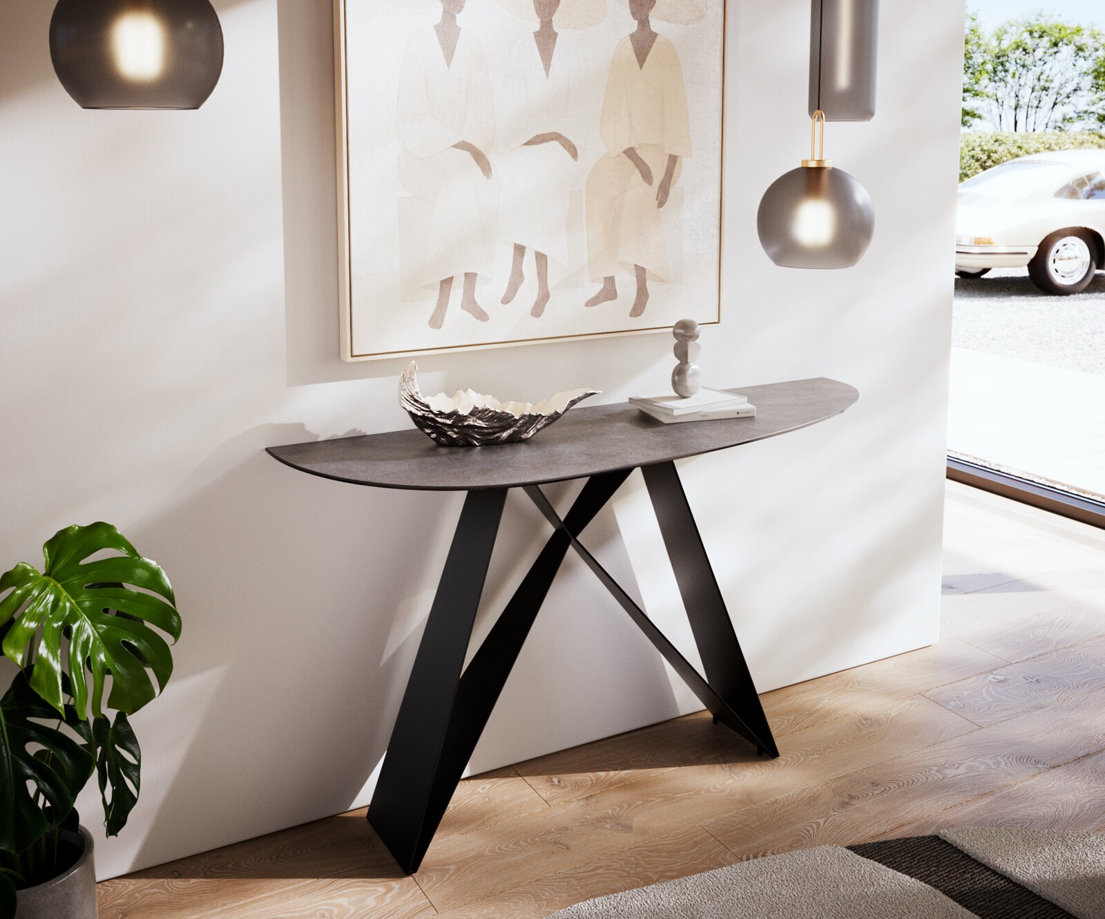 Consoletafel Edge Oval 140x40 cm Keramiek Beton Grijs Velio Metaal Zwart 2