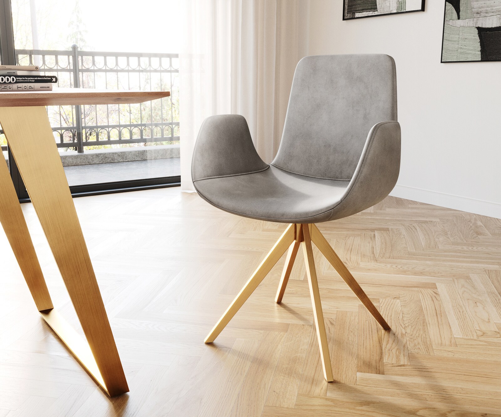 Draaistoel Ilia-Flex met armleuning fluweel grijs kruisframe hoekig goud 180° draaibaar