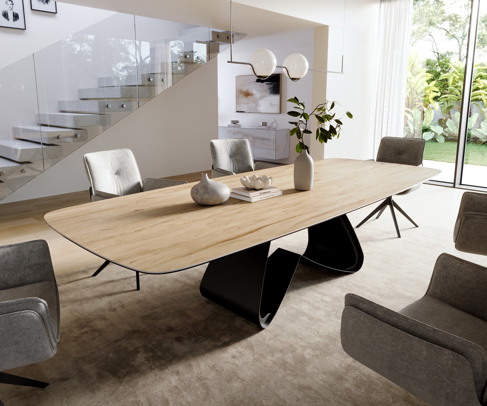 Eettafel Edge Boot 300x120 cm Keramiek Laminam® Sabbia Eichefarbig W-onderstel Metaal Zwart 1