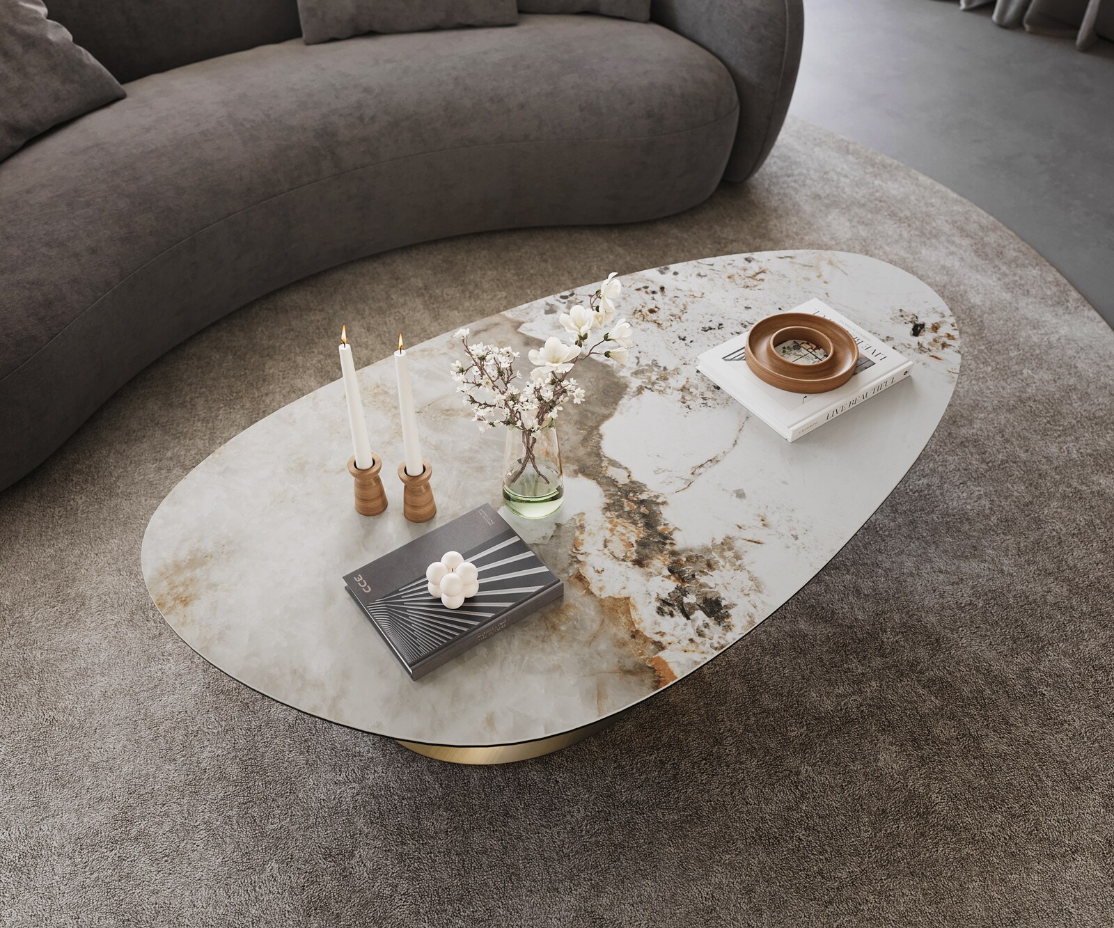 Salontafel Edge Oval 140x75 cm keramiek Minas Melange Conis metallic goud 4