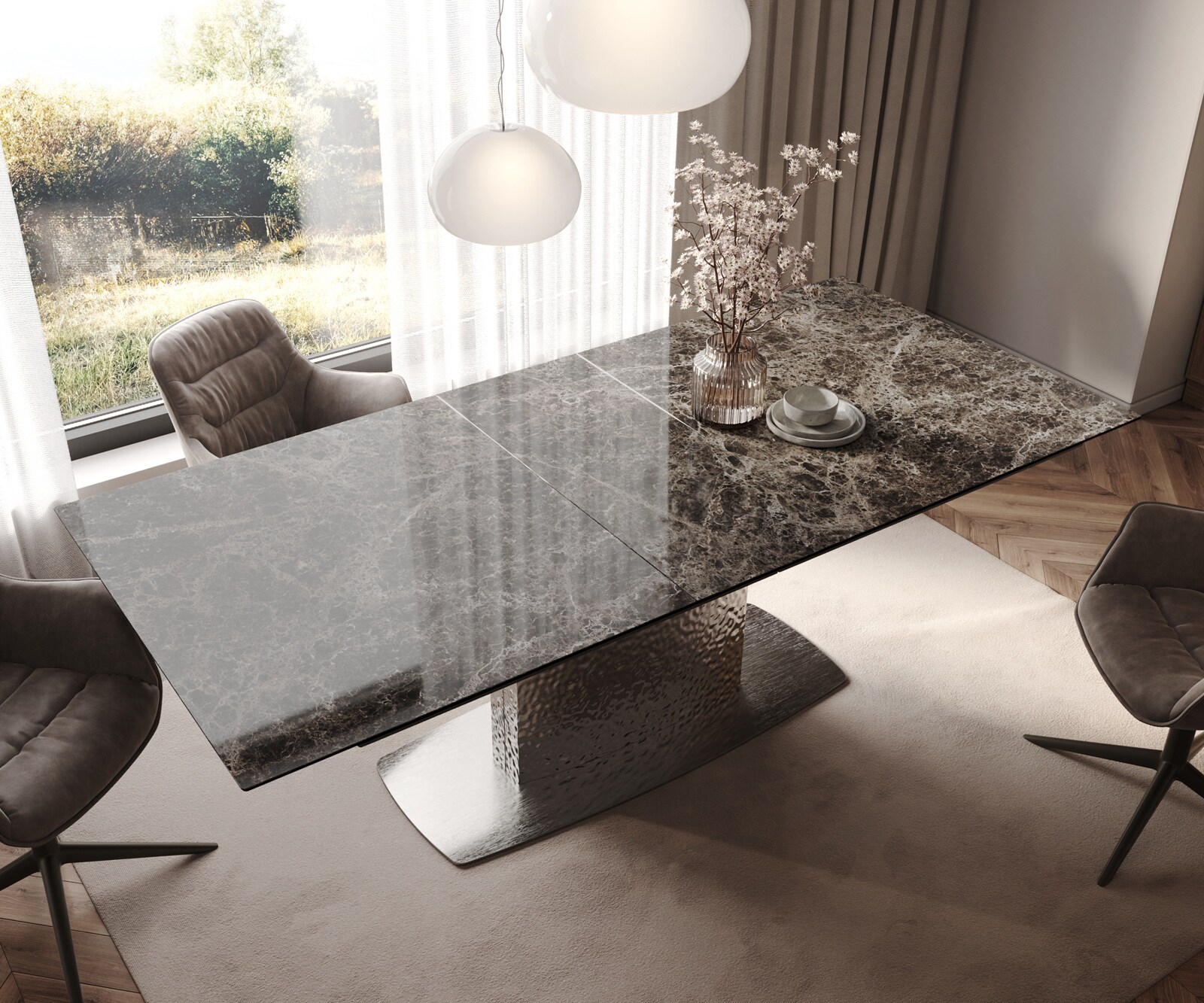 Eetkamertafel Edge 180-220x100 Laminam® Emperador Extra Lucidato donkerbruin Wave roestvrij staal uittrekbaar 4