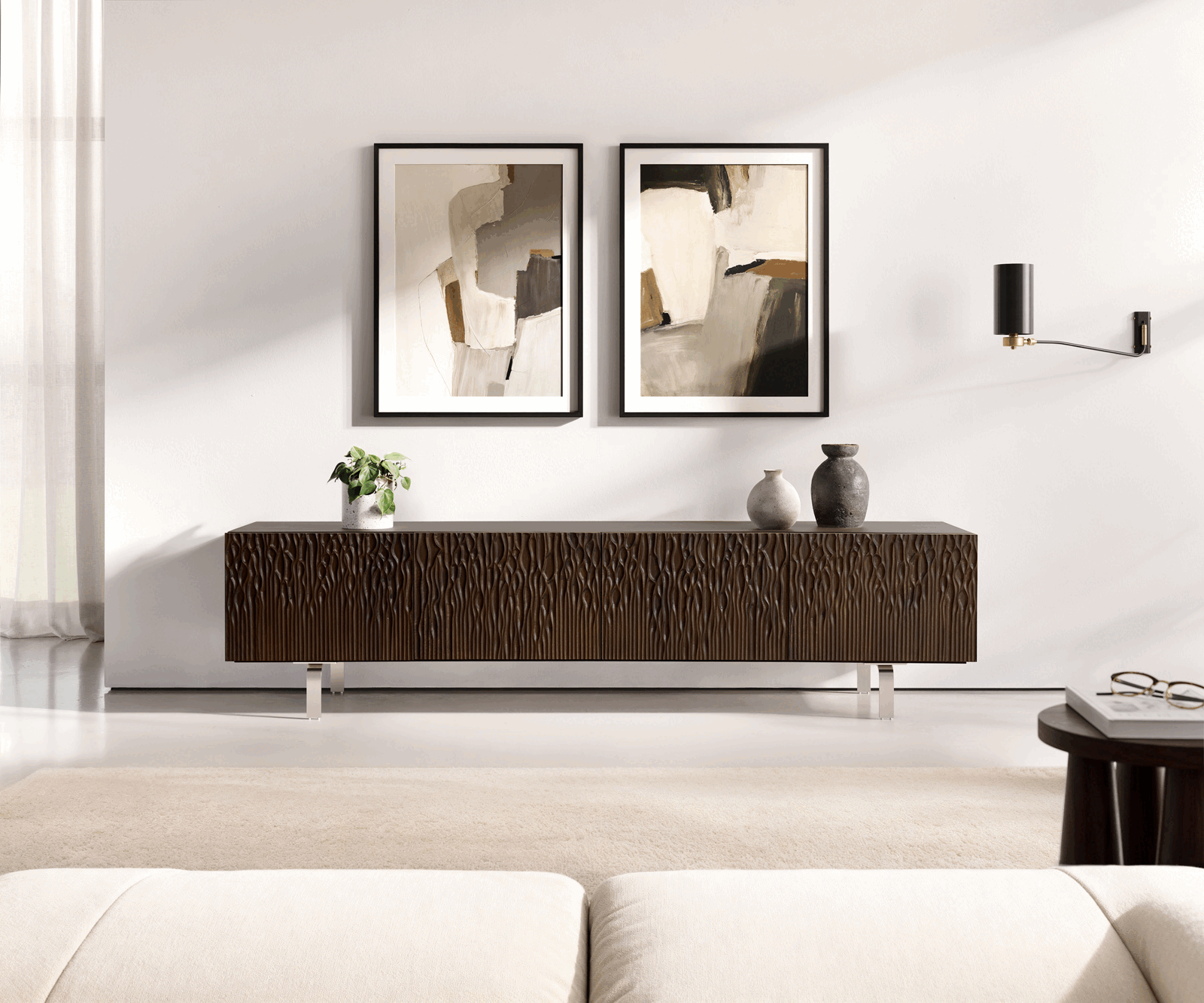 TV-meubel Follia 200 cm mango bruin 4 deurenL-poot geborsteld RVS 1