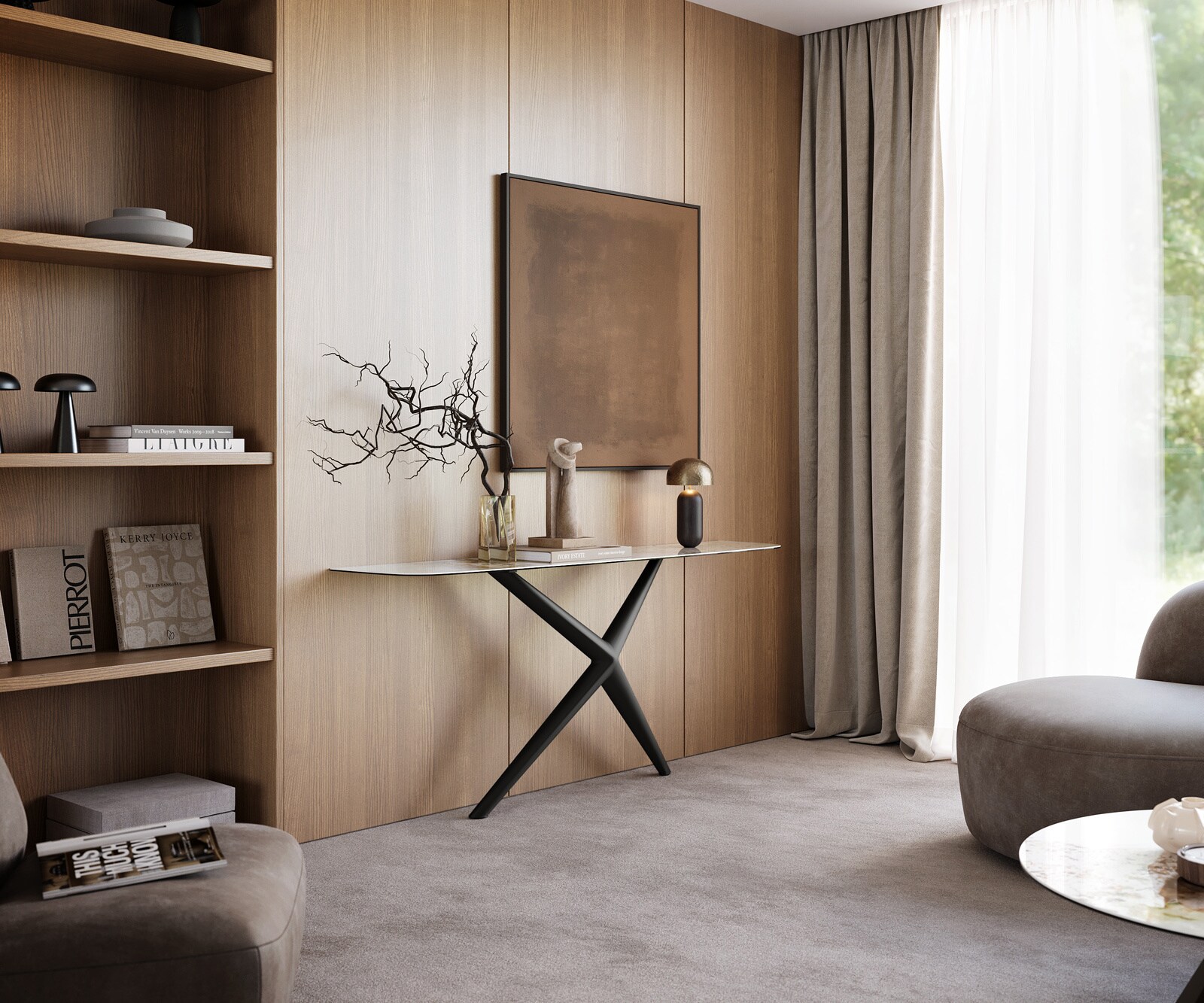 Consoletafel Edge Bootvorm 180x40 cm Keramiek Minas Melange Weiß-Beige Estelo Metaal Zwart 7
