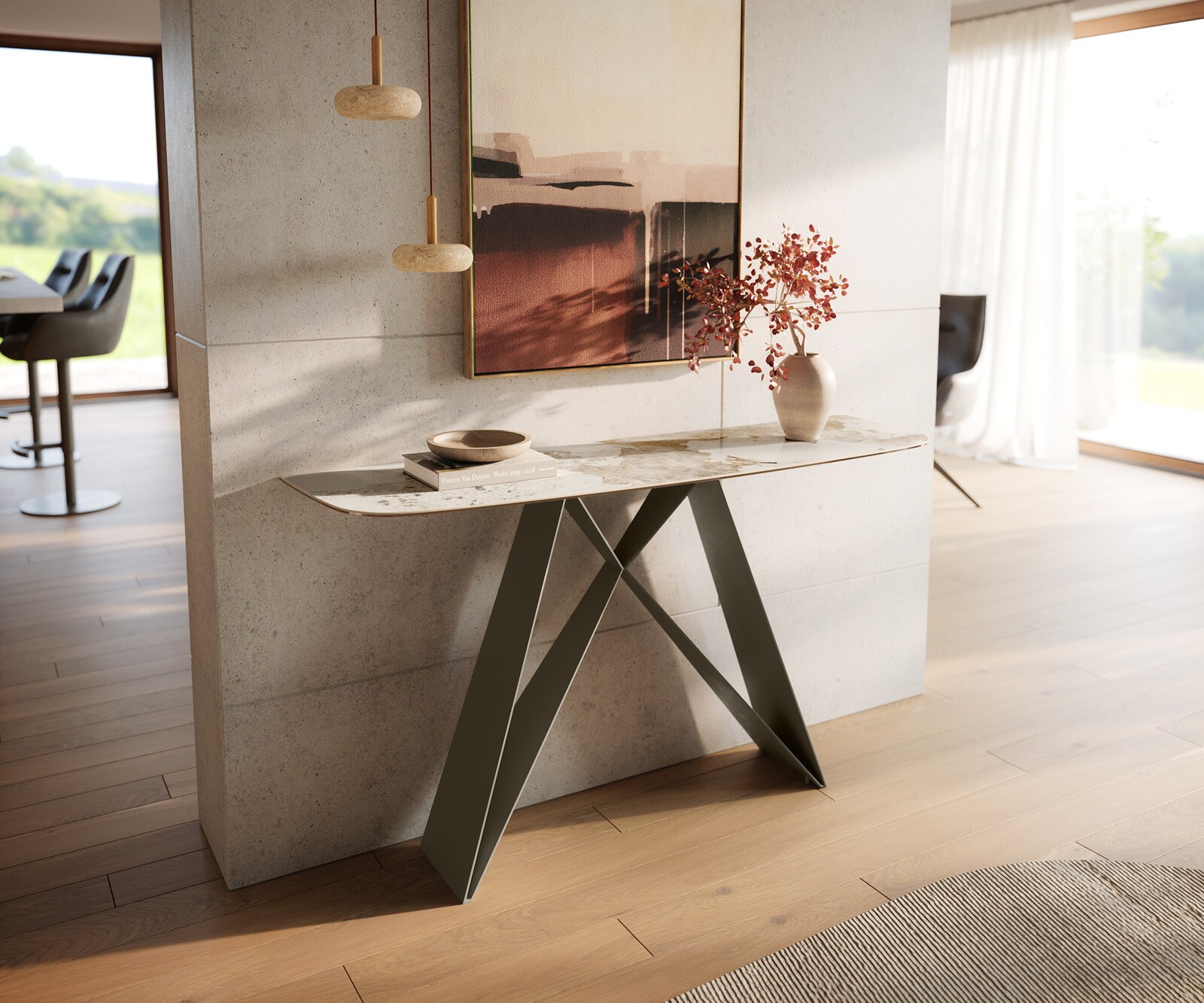Consoletafel Edge Bootvorm 140x40 cm Keramiek Minas Melange Weiß-Beige Velio Metaal Effektfinish Titan 4