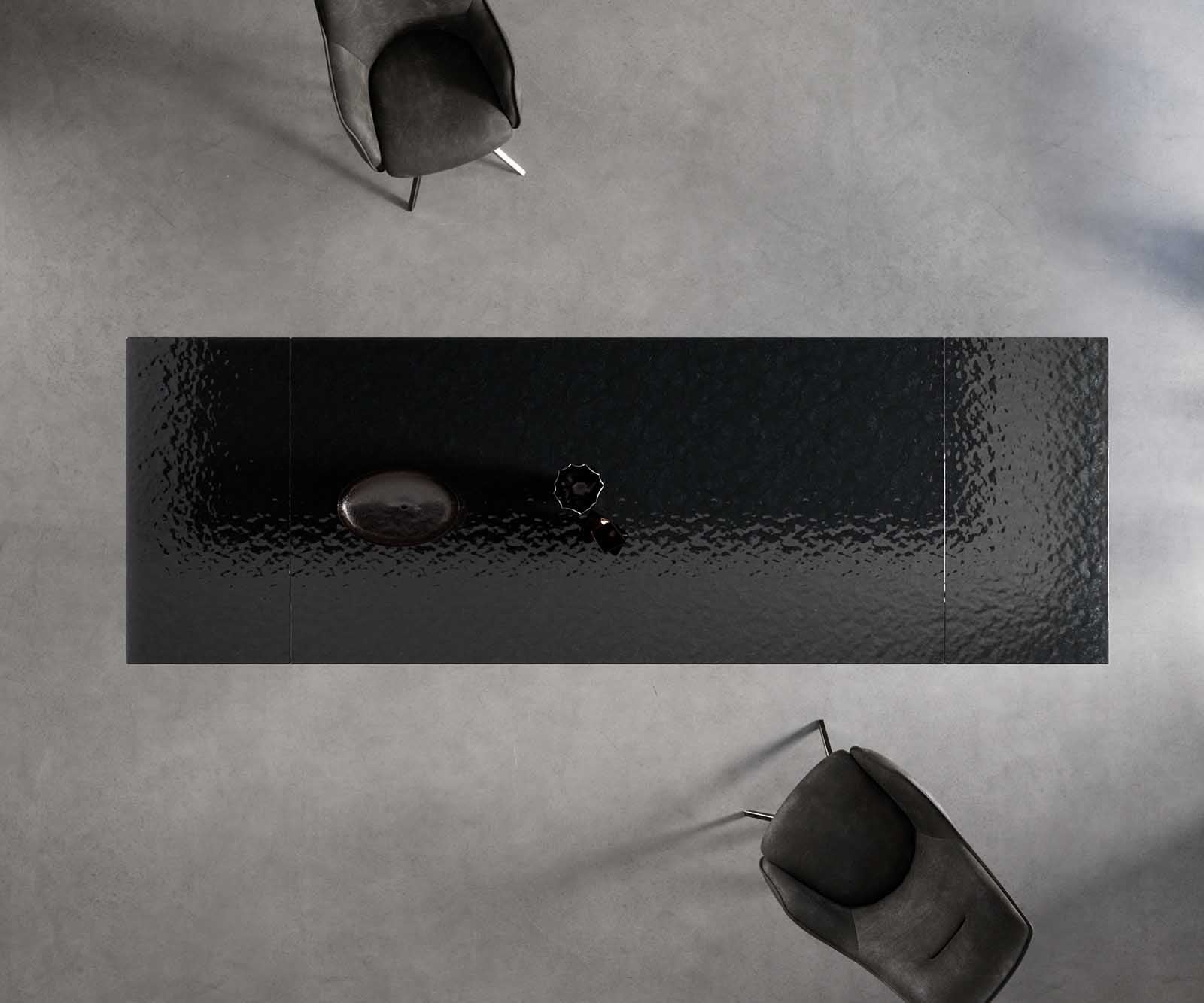 Eetkamertafel Edge 200-300x100 Glas smelten rokerig zwart 3D-Relief W-frame zwart uitschuifbaar 8