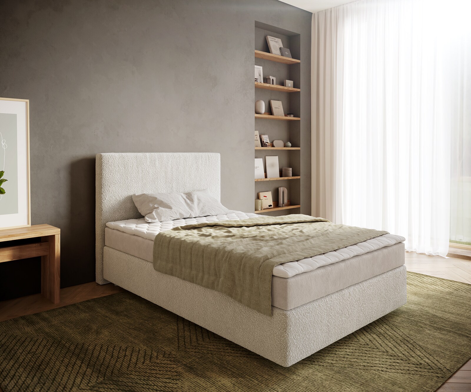 Boxspringbed Dream-Well 120x200 cm Bouclé Crème-Wit met Matras en Topper