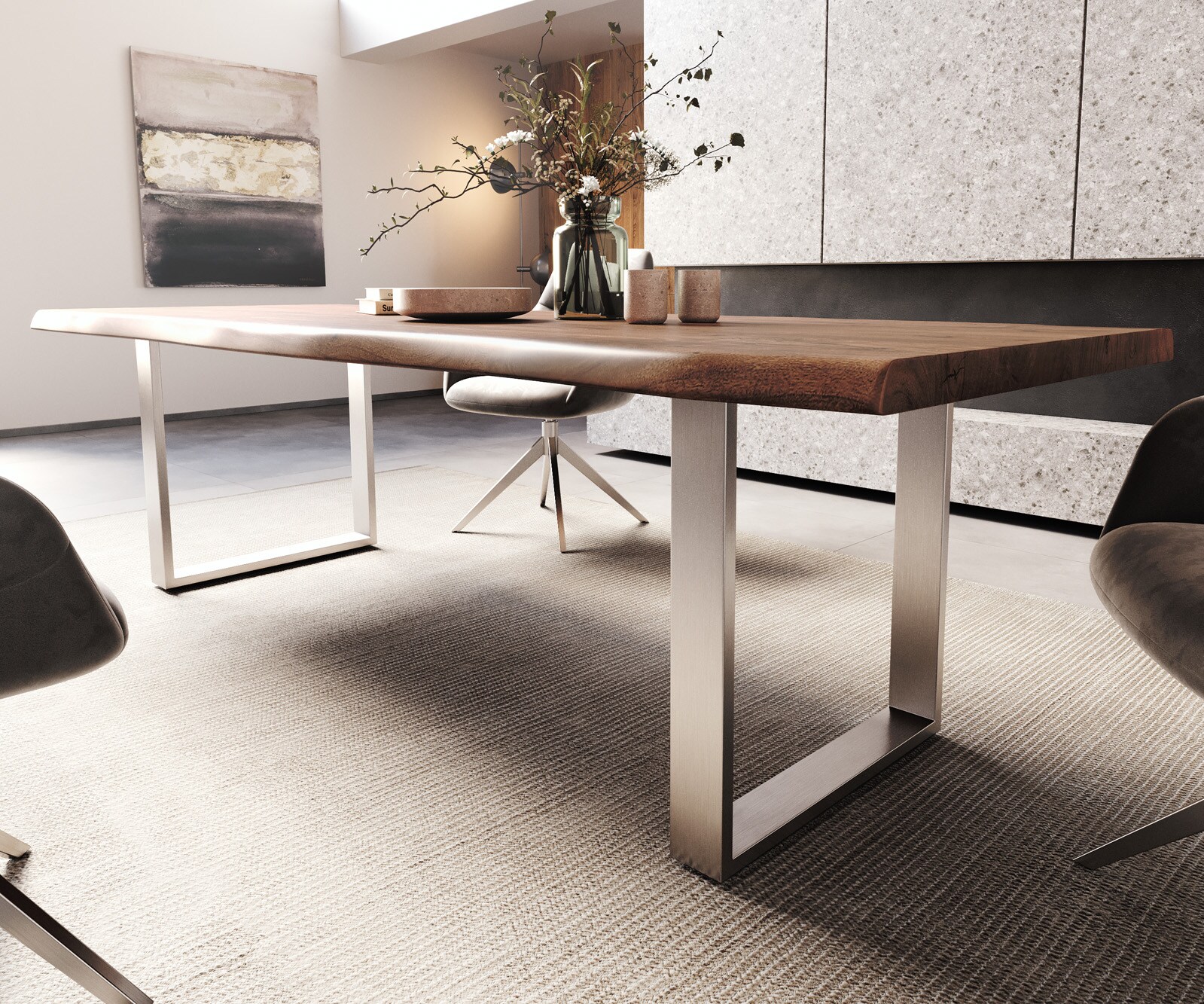Eettafel Edge 260x100 XL acacia bruin roestvrijstaal smal Live-Edge 4