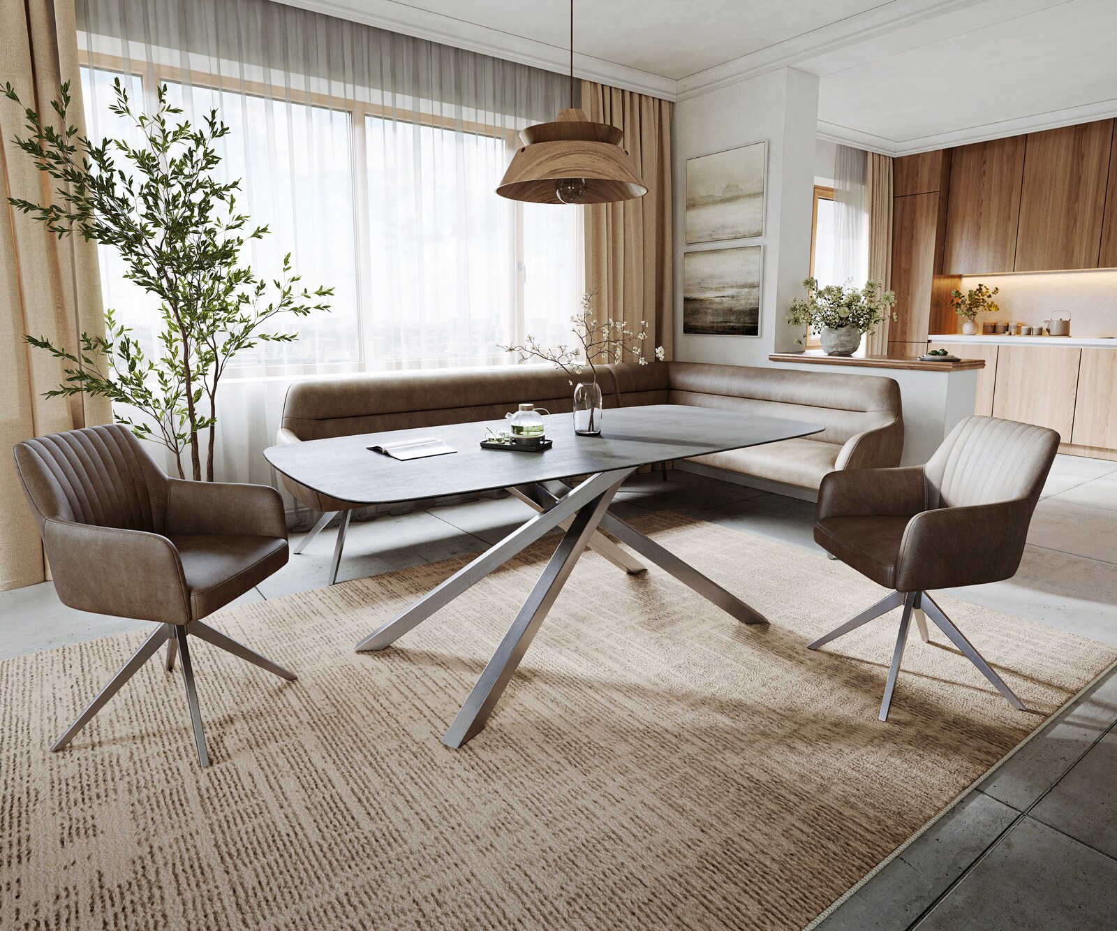 Eettafel Edge boot 200x100 cm keramiek beton grijs kruisframe rechthoekig roestvrij staal 6