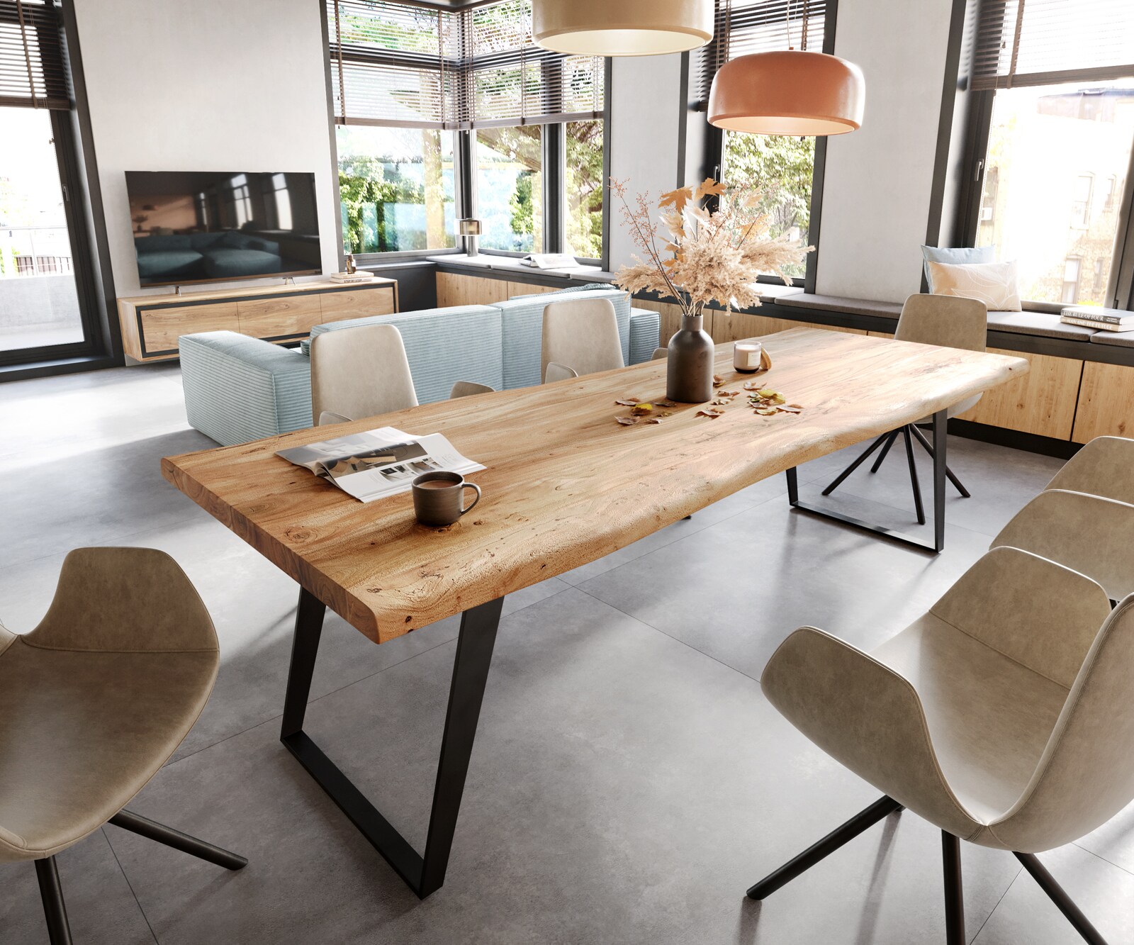 Eettafel Edge 260x100 XL acacia natuur metaal schuin Live-Edge 1