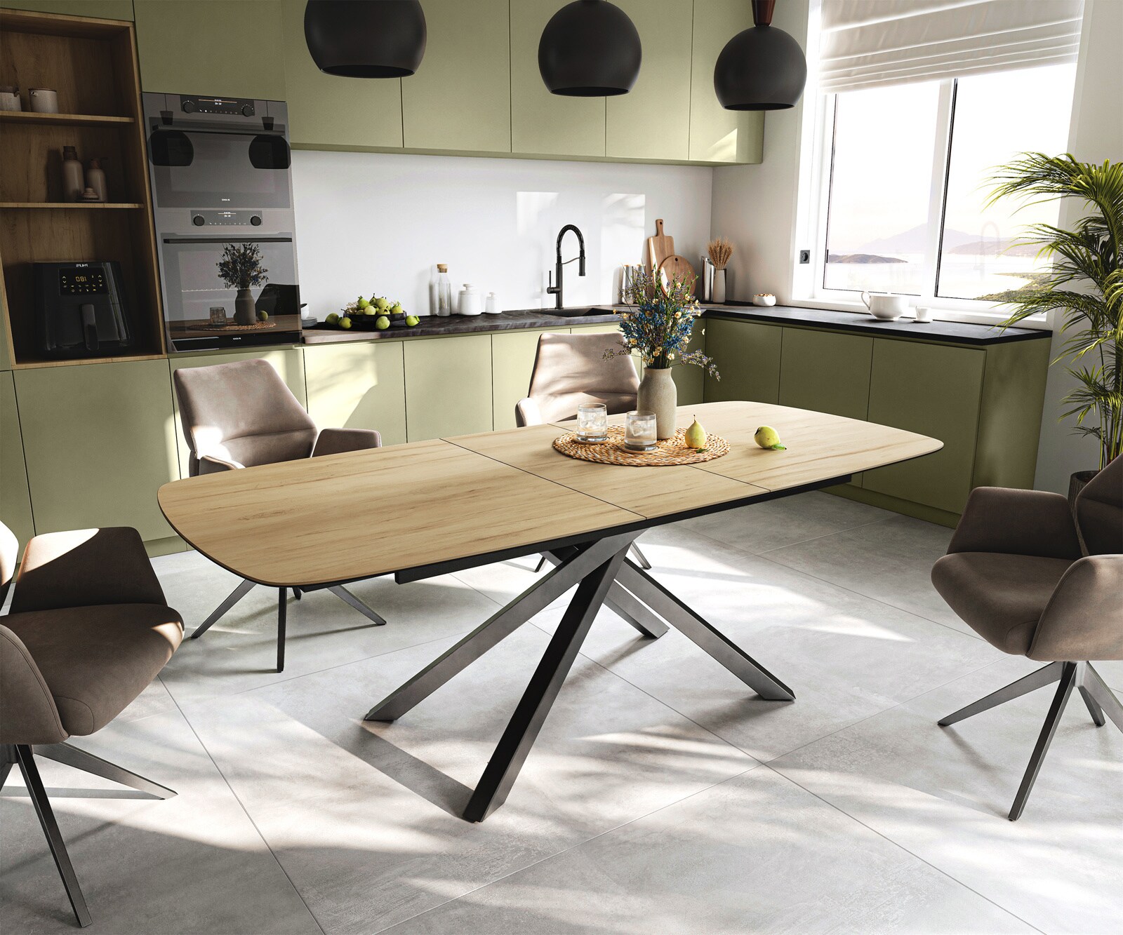 Eettafel Edge Boot 180-220x100 cm Keramiek Laminam® Sabbia Eichefarbig kruisonderstel Rechthoek Roestvrij staal Grafiet uitschuifbaar 1