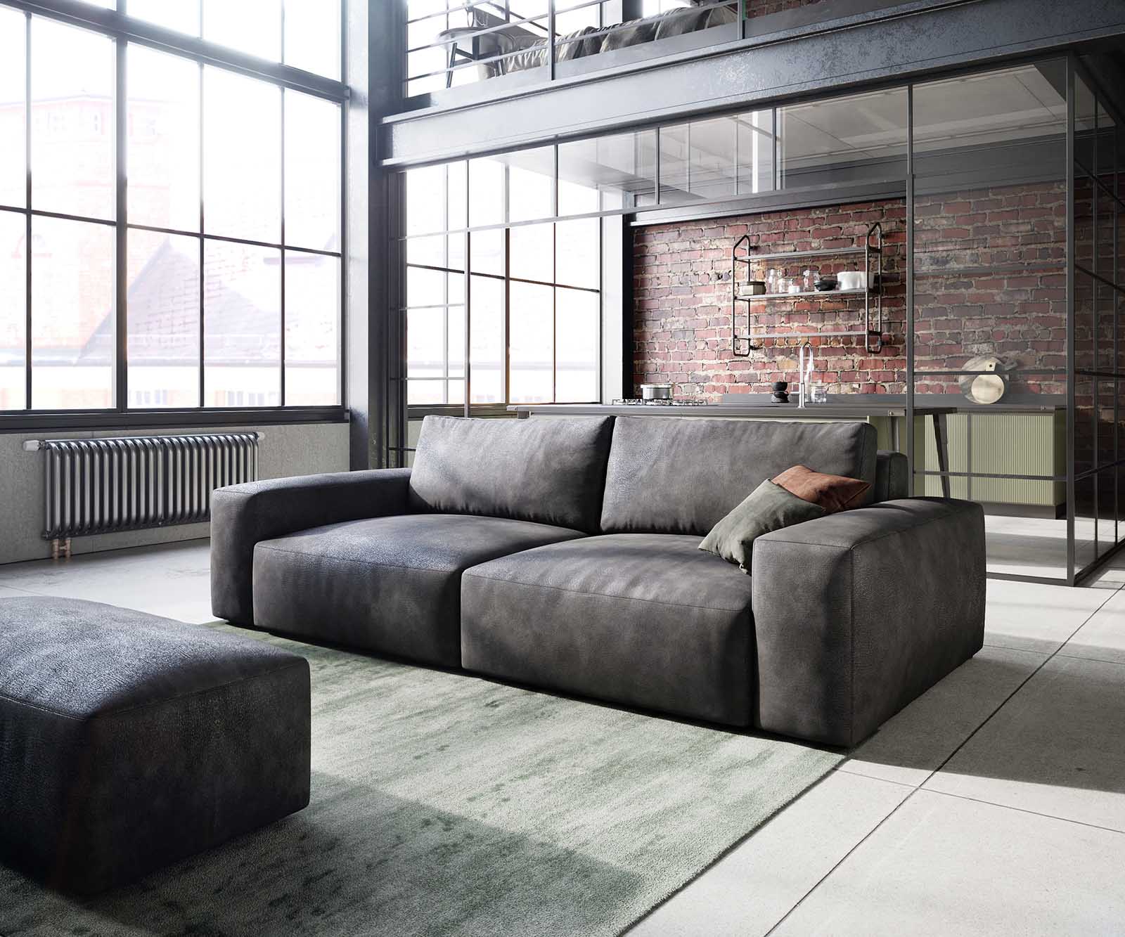 Big-sofa Lanzo 230x95 cm kunstleer vintage antraciet met hocker