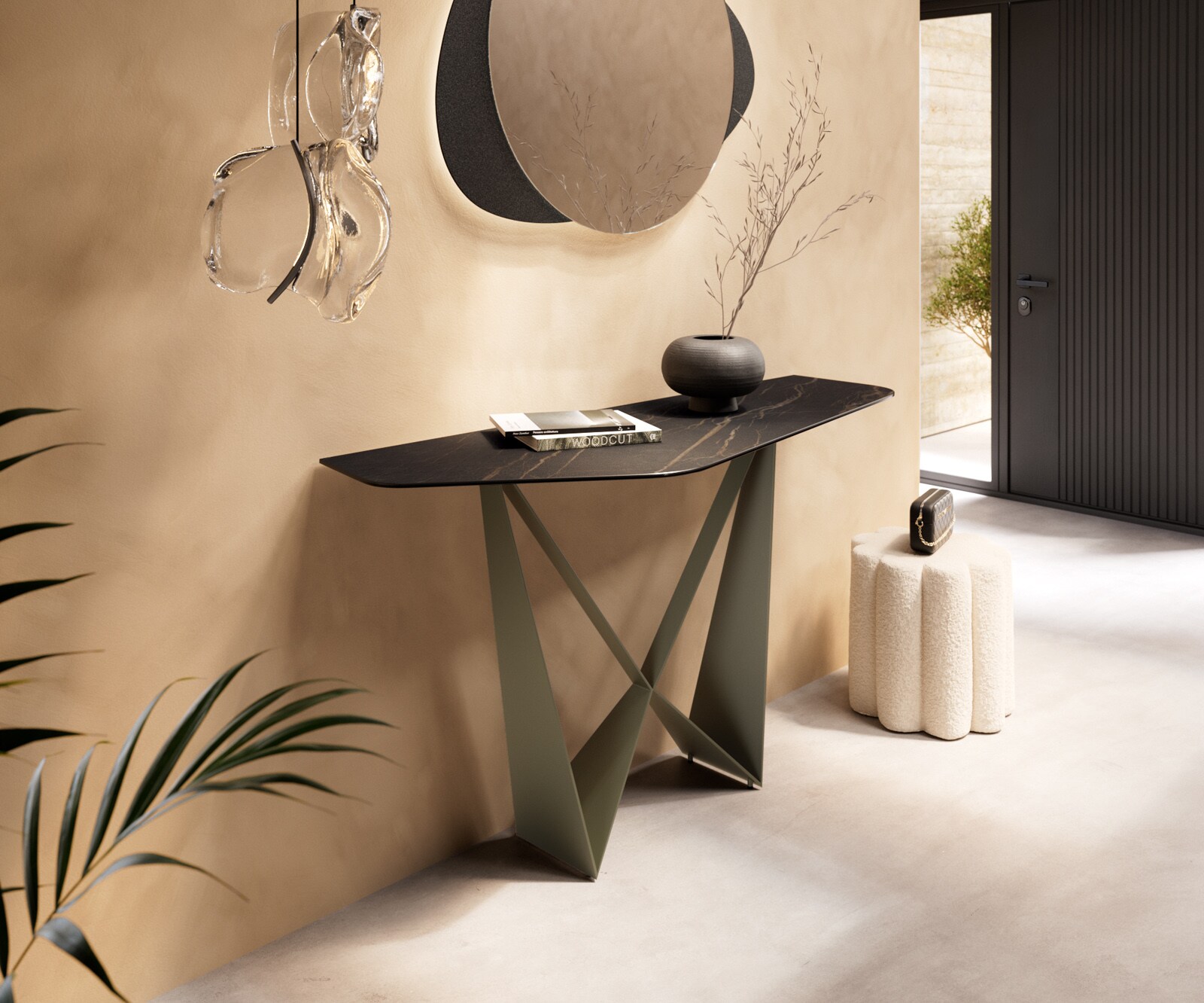 Consoletafel Edge Polygonaal 140x50 cm Keramiek Laminam® Noir Desir Braun Spios Metaal Effektfinish Titan 1