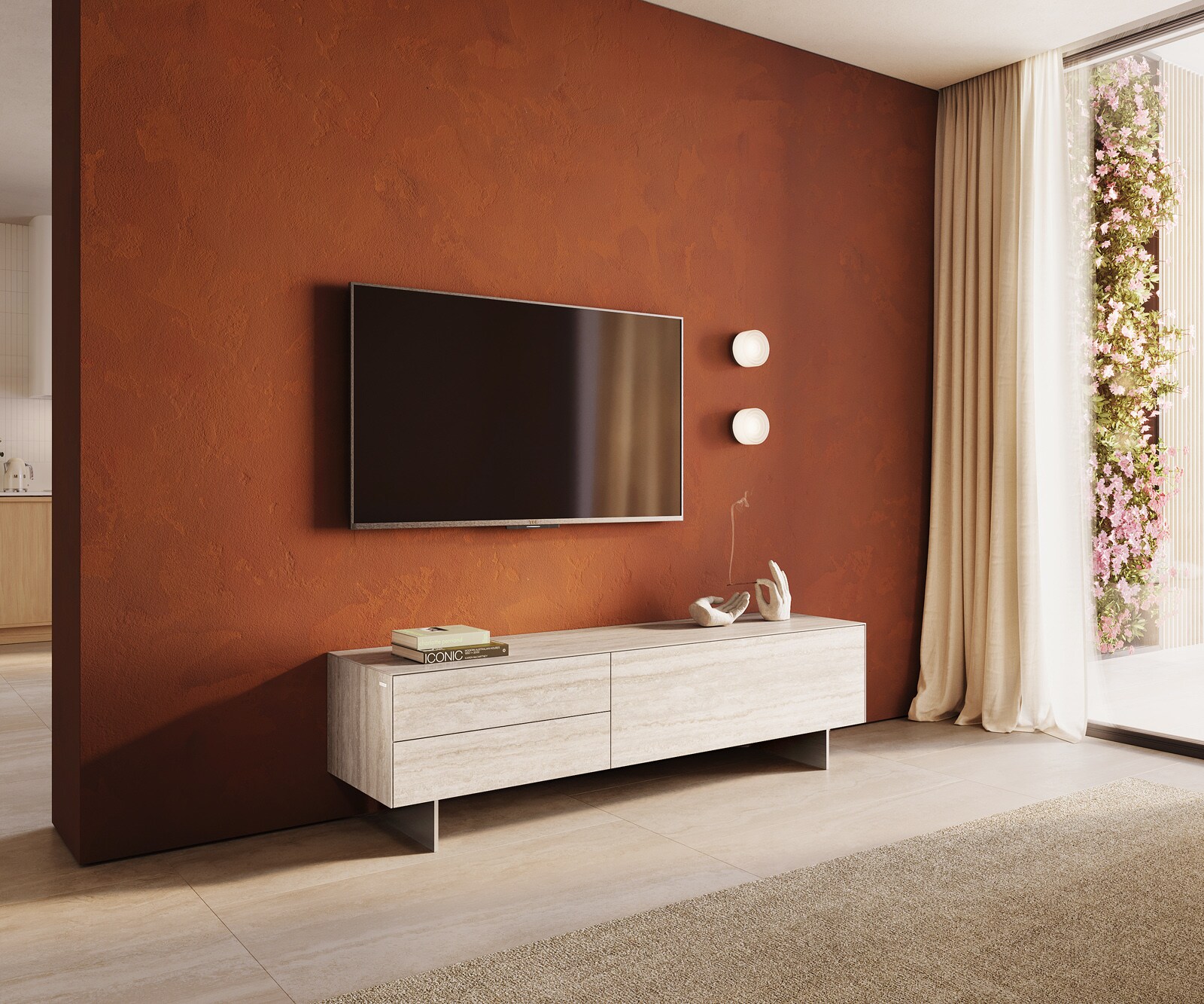 Tv-meubel Cuor 180 cm Keramiek Laminam® Travertino Bianco Crème-wit 1 Flap 2 Laden Zwevende voet look Roestvrij staal 1