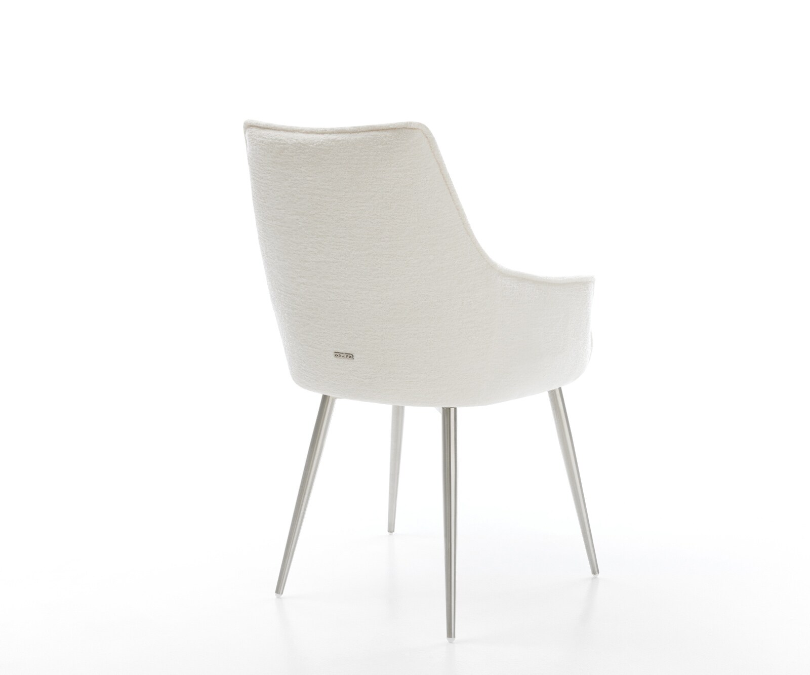 Eetkamerstoel Alja-Flex met armleuning bouclé zacht beige 4-poot conisch roestvrij staal pocketveer kern 5