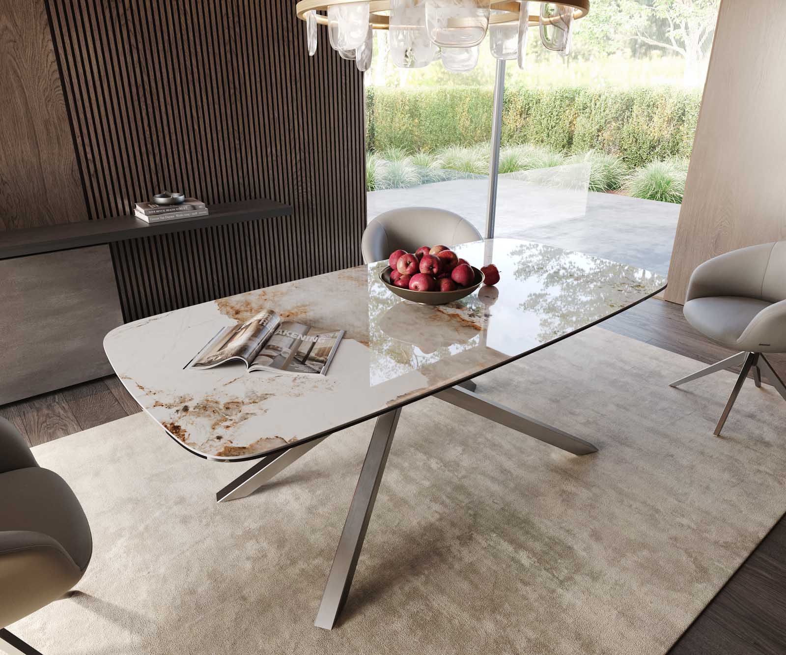 Eetkamertafel Edge Boot 200x100 keramiek Minas Melange wit-beige kruisframe rechthoek RVS