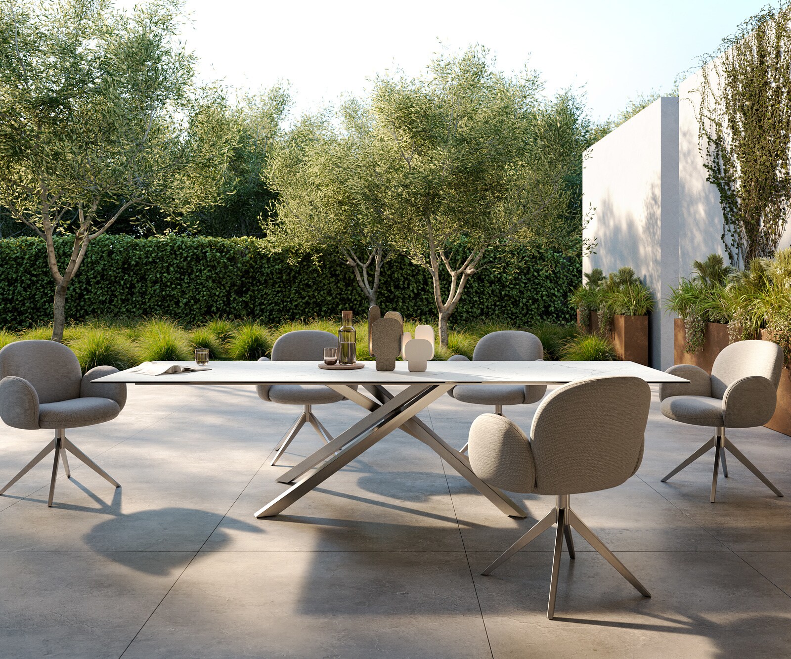 Outdoortafel Edge 300x100 cm keramiek Laminam® Statuarietto wit kruispoot rechthoekig roestvrij staal 1