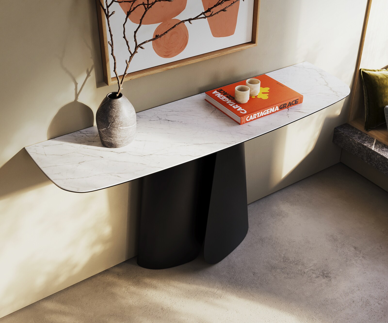 Consoletafel Edge Bootvorm 140x40 cm Keramiek Laminam® Statuarietto Weiß Livos Metaal Zwart 2