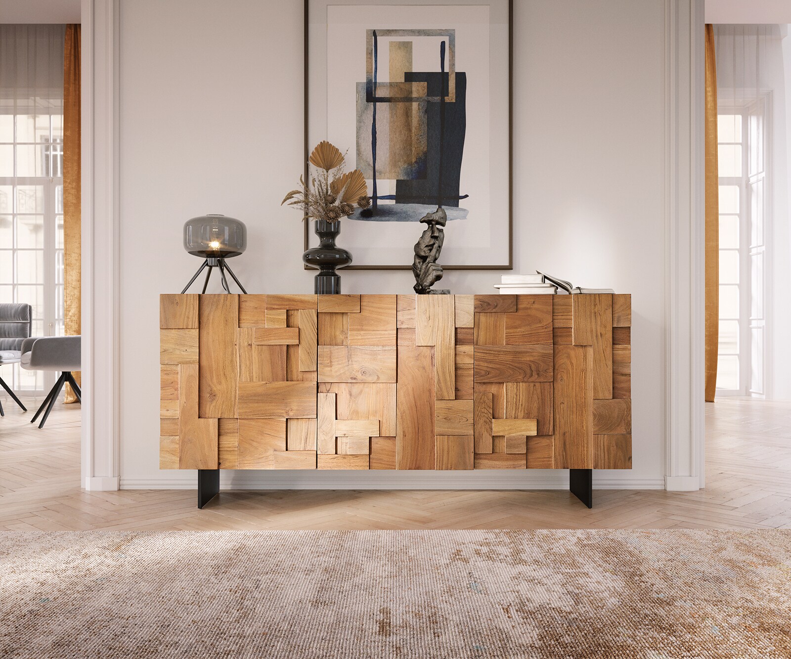 Dressoir Puzzle 175 cm acacia natuur 3 deurs poot zwevend metaal zwart 1