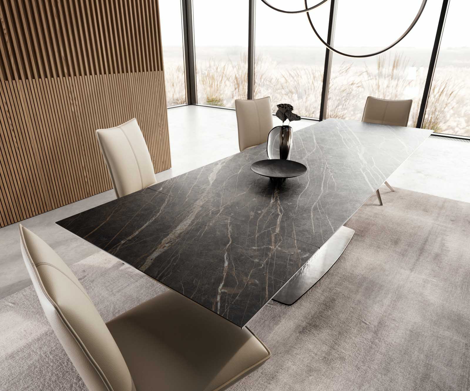 Eetkamertafel Edge 200-300x100 keramiek Laminam®Noir Desir bruin Wave RVS uitschuifbaar 4