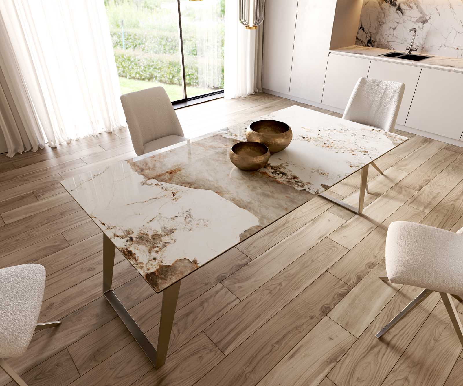 Eetkamertafel Edge 200x100 keramiek Minas Melange wit-beige RVS schuin 5