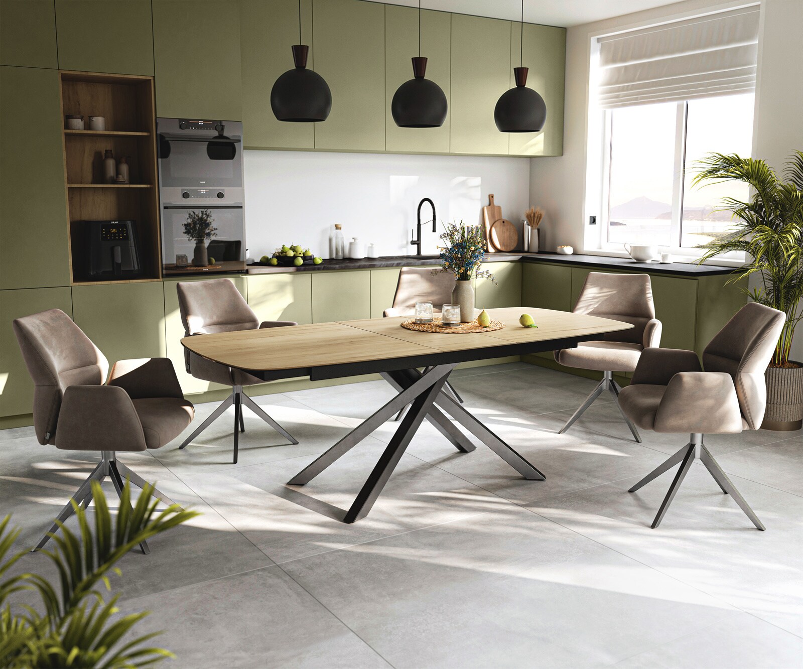Eettafel Edge Boot 180-220x100 cm Keramiek Laminam® Sabbia Eichefarbig kruisonderstel Rechthoek Roestvrij staal Grafiet uitschuifbaar 6