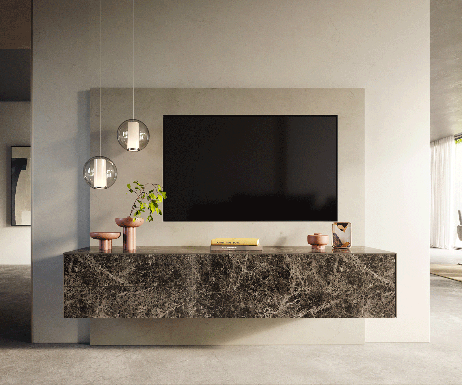 Tv-meubel Cuor 180 cm Keramiek Laminam® Emperador Extra Lucidato Donkerbruin 1 Flap 2 Laden Zwevend 2
