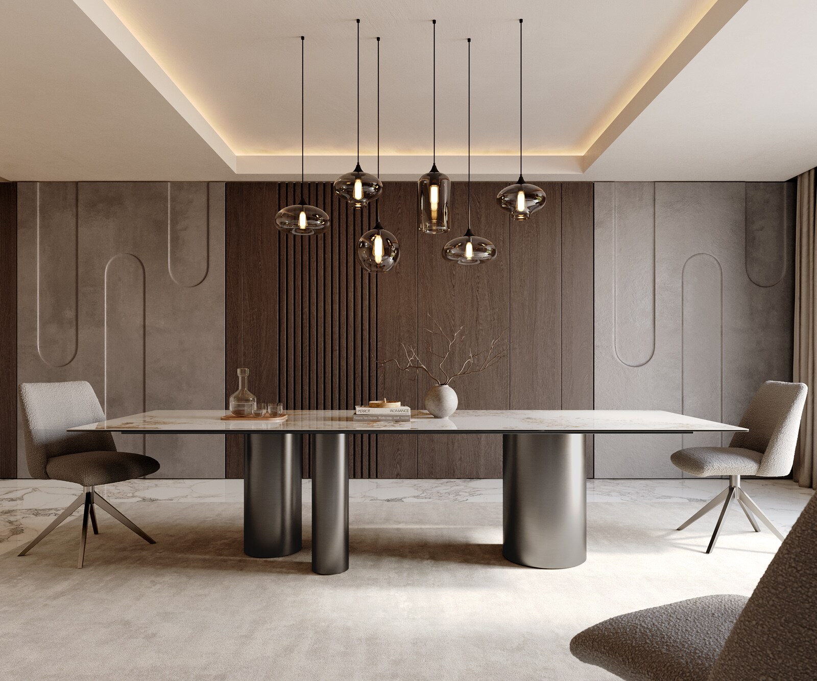 Eetkamertafel Edge 300x100 keramiek Minas Melange wit-Beige Troa roestvrij staal grafiet 1