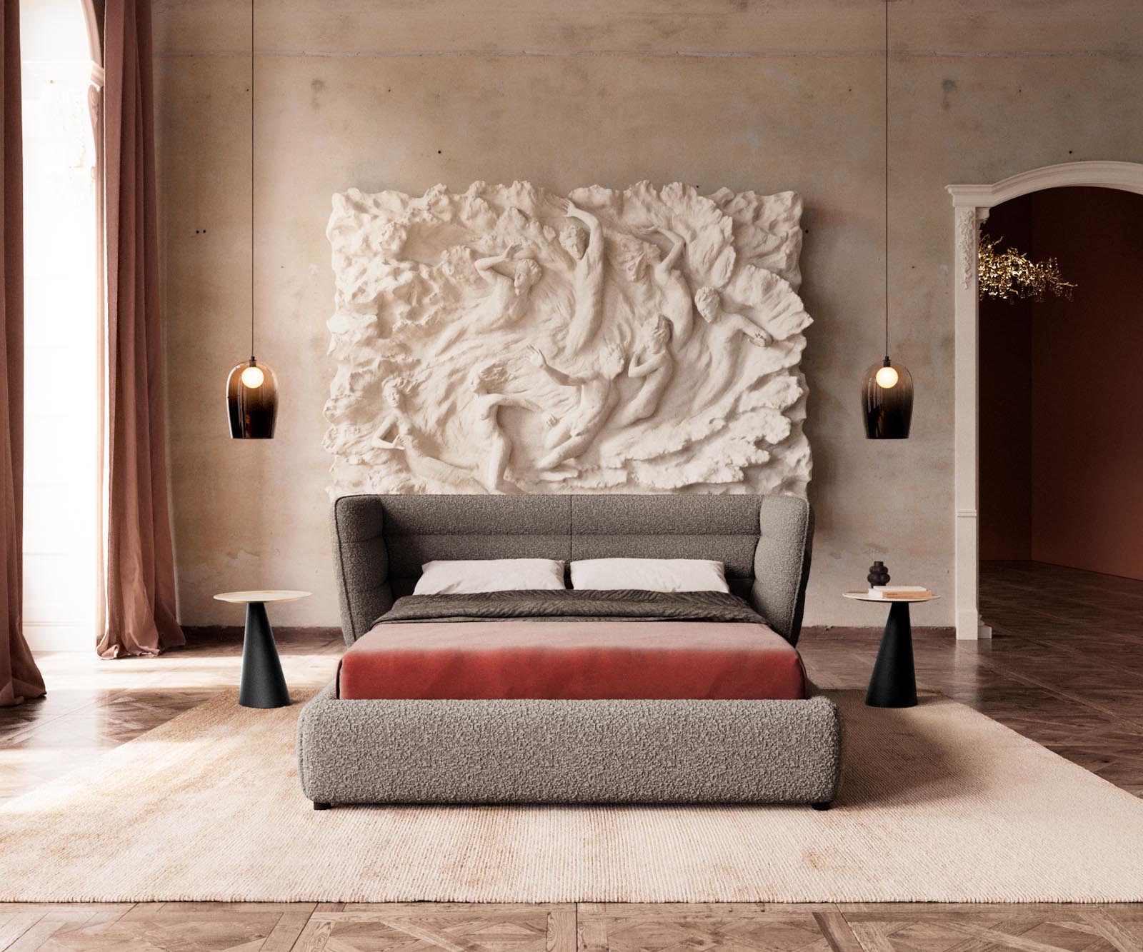 Simea 140x200 cm bouclé zilvergrijs gestoffeerd bedframe 1 Simea 140x200 cm bouclé zilvergrijs gestoffeerd bedframe 1