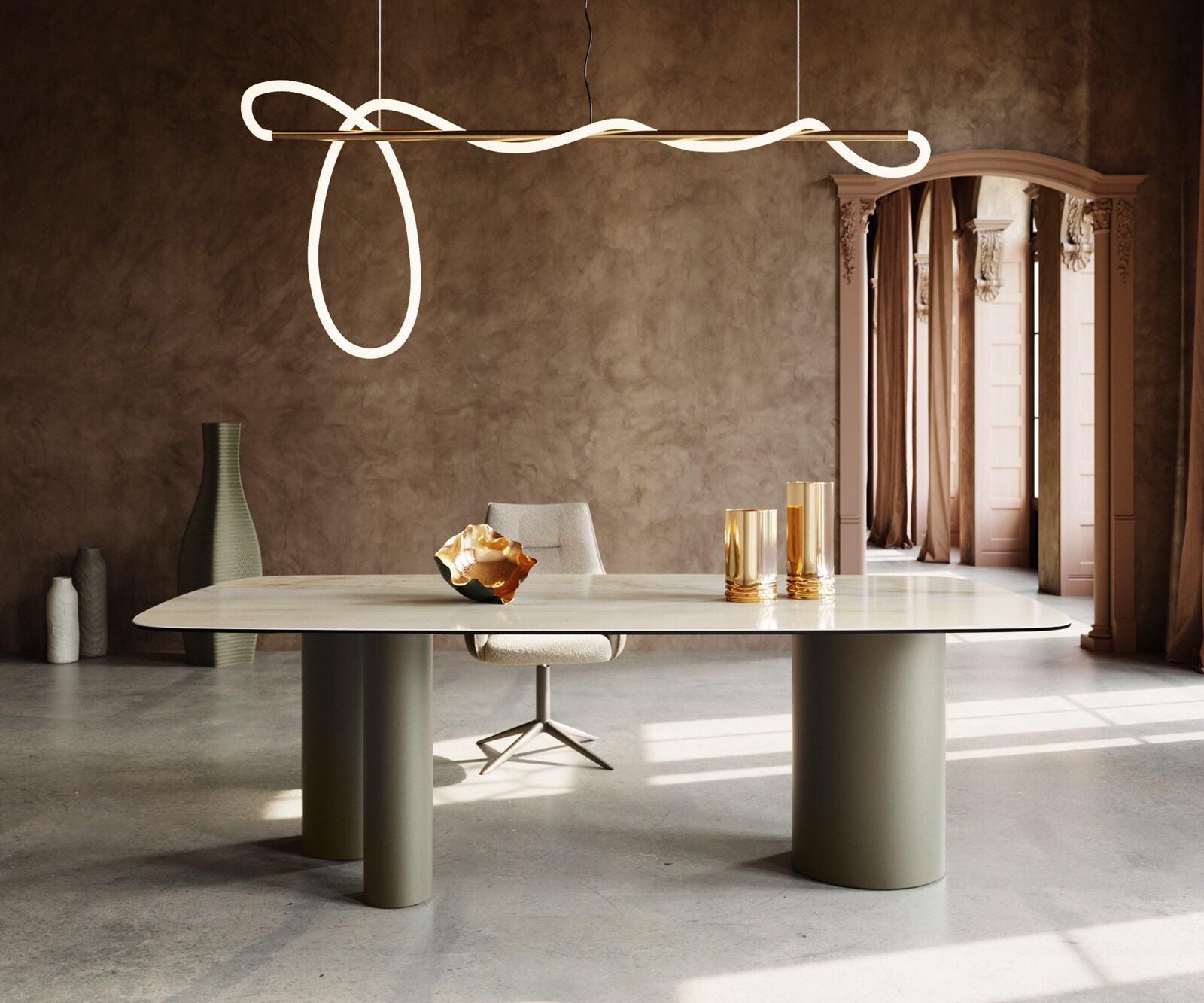 Eetkamertafel Edge Boot 240x120 keramiek Iris FMG Onice OroTroa metaal effectafwerking titaan 1