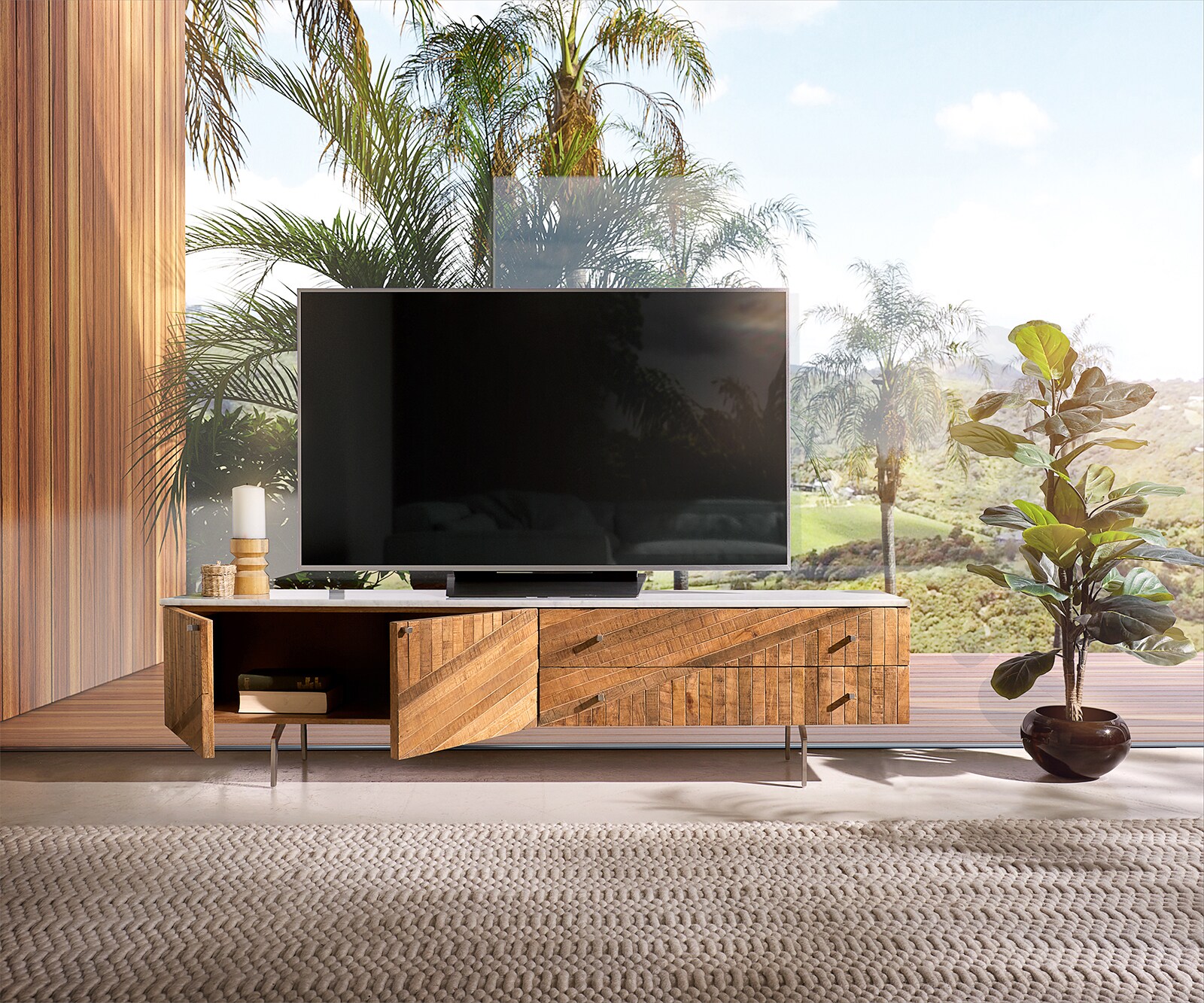 Tv-meubel Bahan 175 cm mango teak  2 deuren 2 schuifladen marmerblad wit hoekpoot edelstaal 4