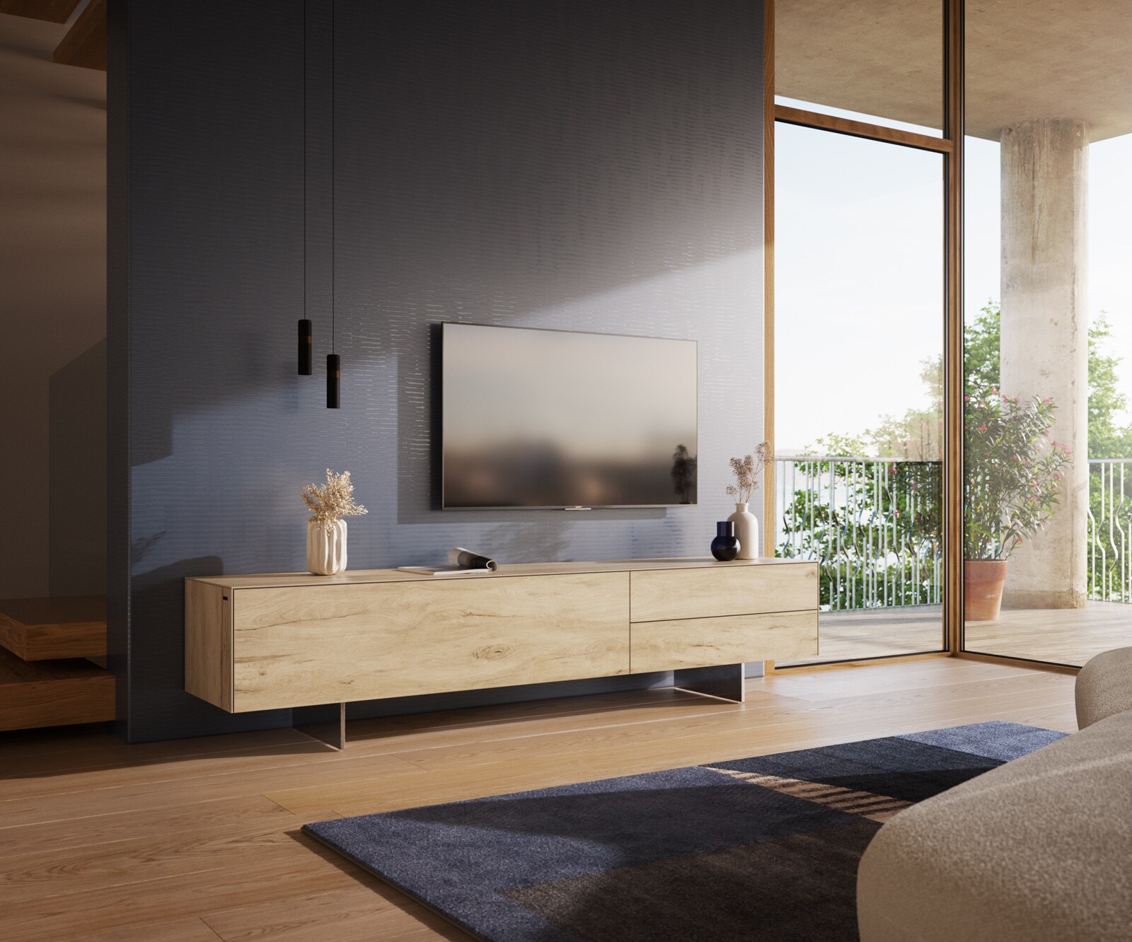 Tv-meubel Cuor 220 cm Keramiek Laminam® Sabbia Eiken gekleurd 1 Flap 2 Laden Zwevende voet look Roestvrij staal