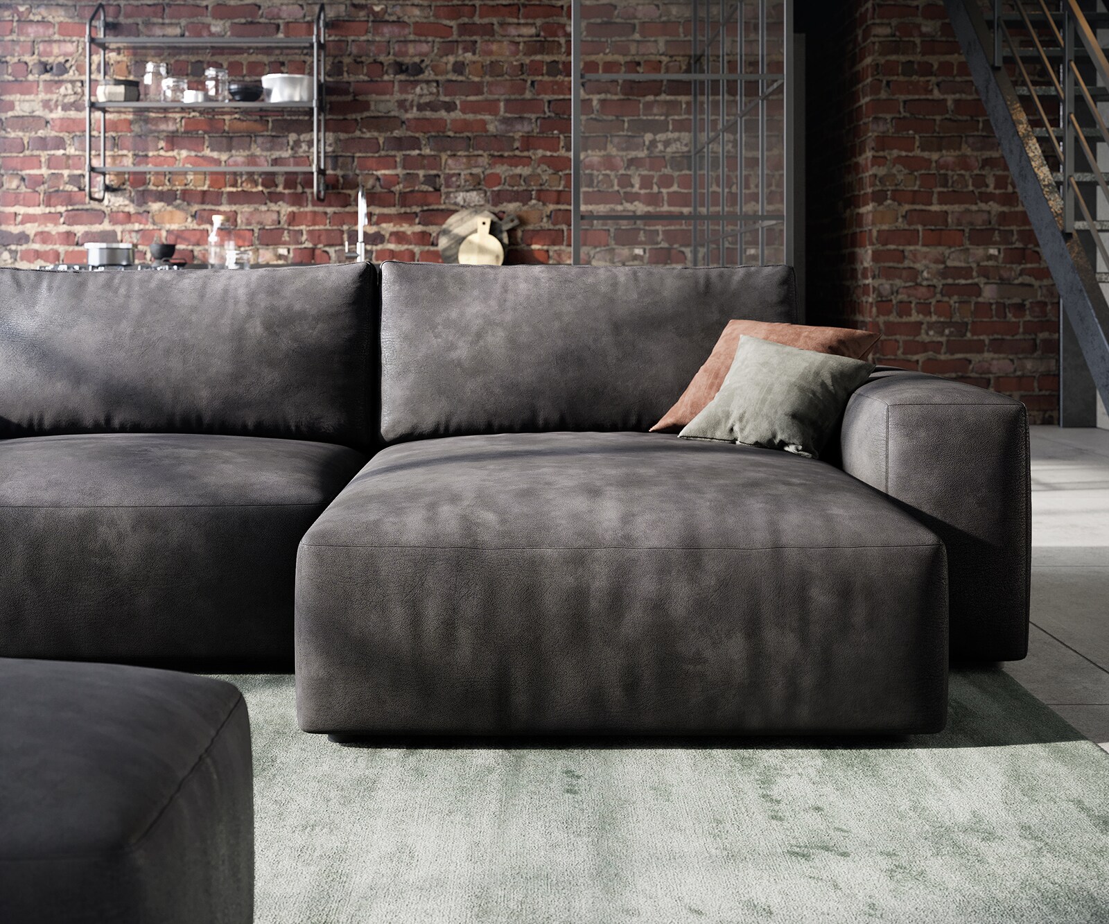 Hoeksofa Lanzo 230x155 cm kunstleer vintage antraciet met variabele recamière en hocker 5