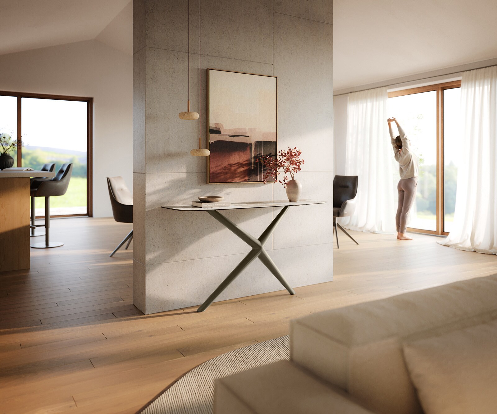 Consoletafel Edge Bootvorm 140x40 cm Keramiek Minas Melange Weiß-Beige Estelo Metaal Effektfinish Titan 7