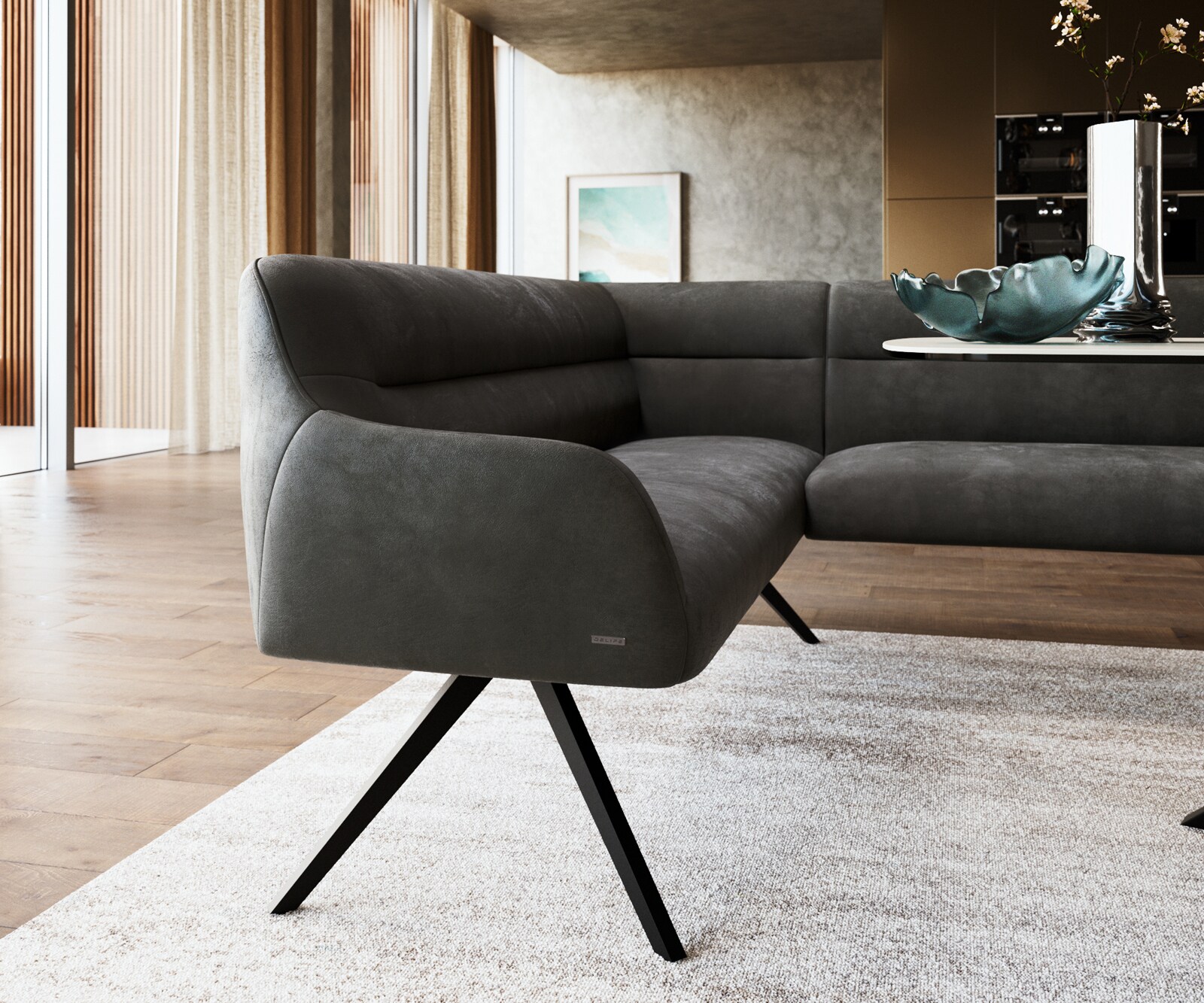 Eetkamerbank Taya-Flex 285x190 cm microvelours anthraciet vintage hoekig kruisframe zwart pocketvering rechts 5