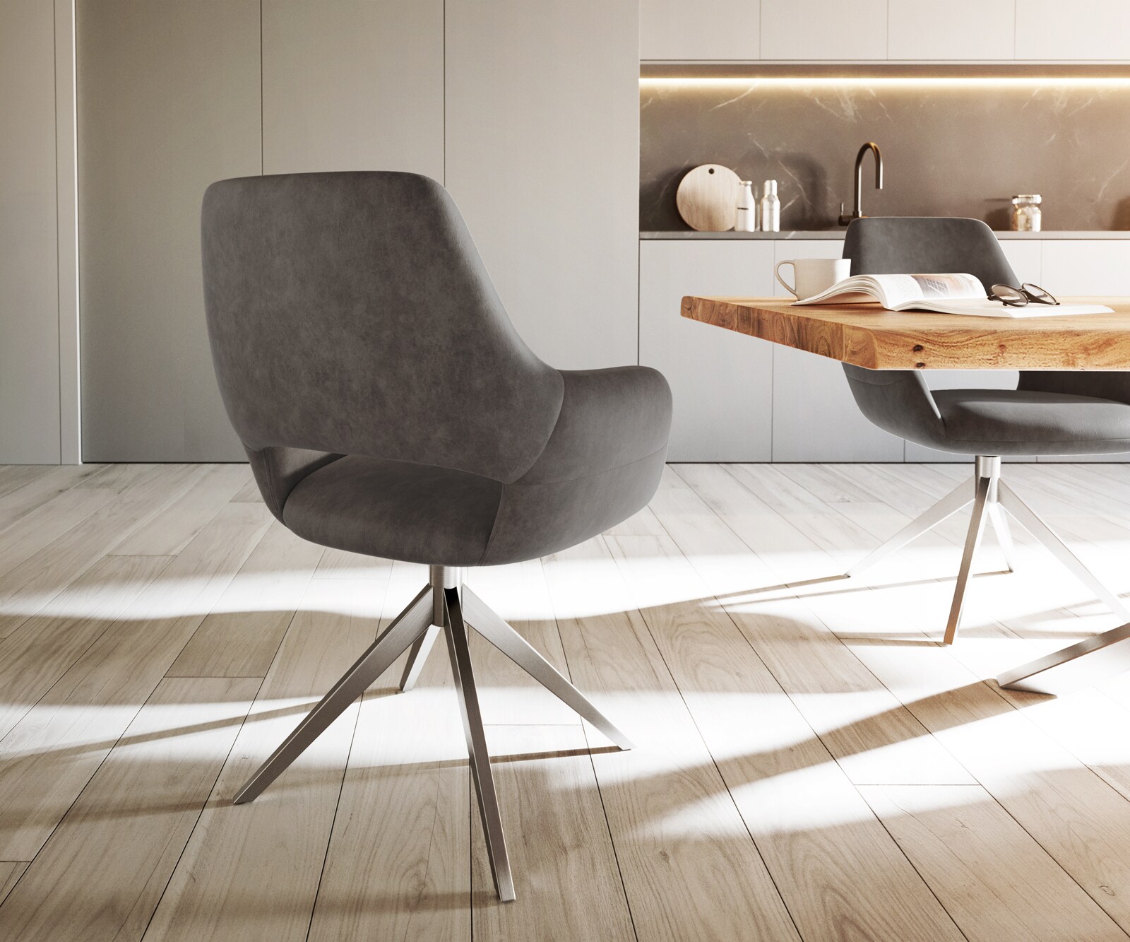 Eetkamerstoel Yago-Flex met armleuning microvelours antraciet vintage kruisframe breed roestvrij staal pocketveer kern 4 Eetkamerstoel Yago-Flex met armleuning microvelours antraciet vintage kruisframe breed roestvrij staal pocketveer kern 4