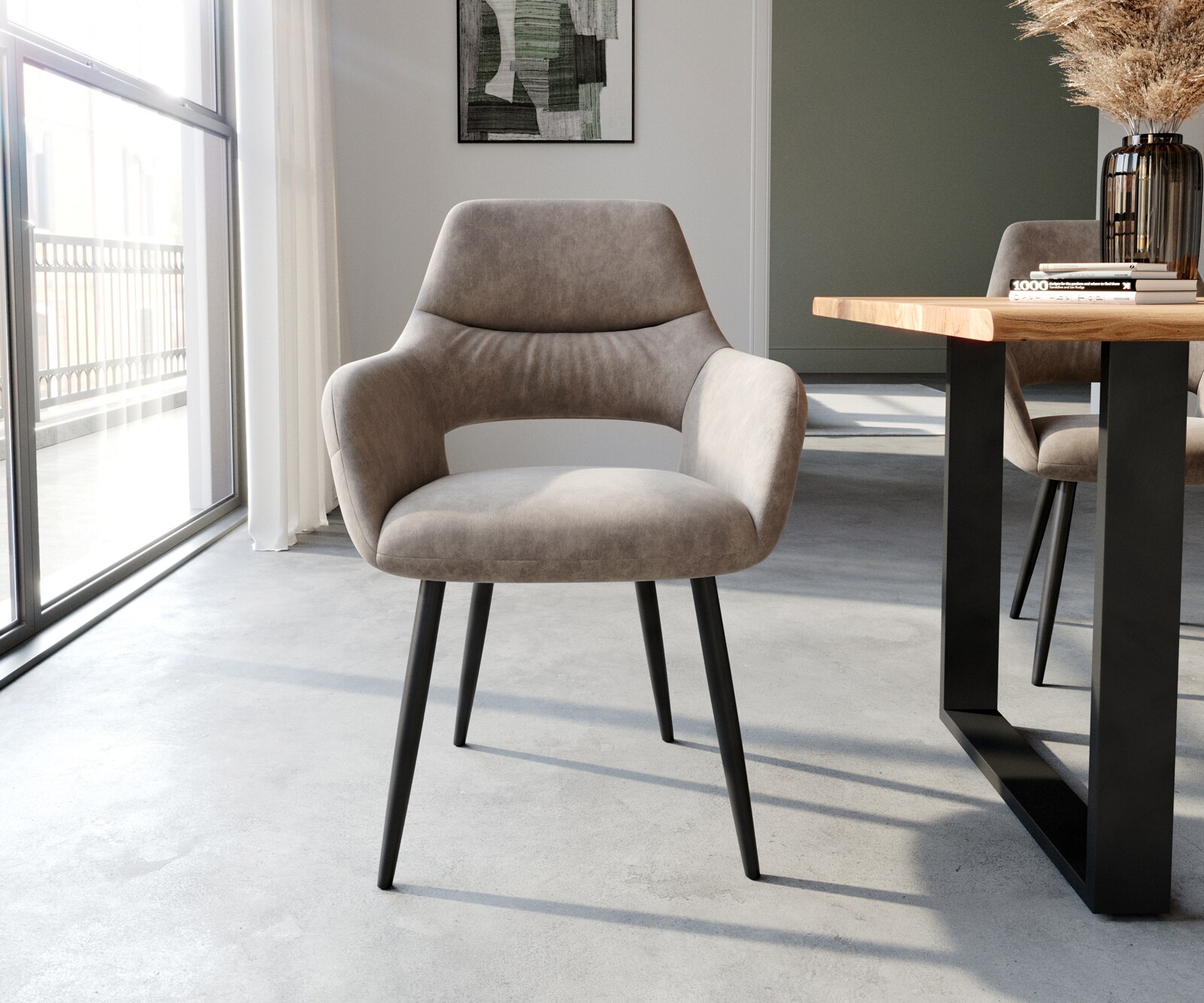 Eetkamerstoel Yago-Flex met armleuning microvelours taupe vintage 4-poot conisch zwart pocketveer kern 2