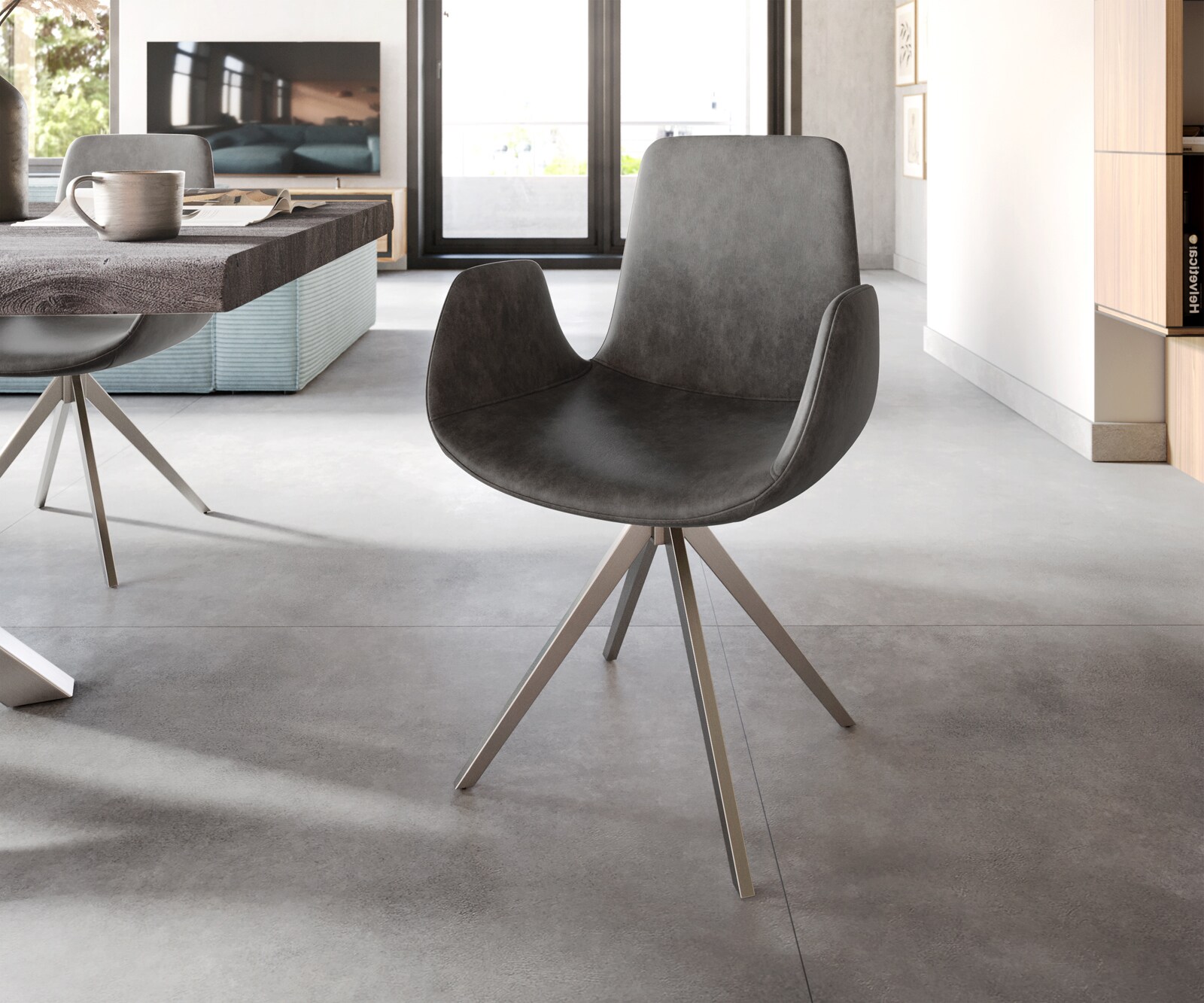 Eetkamerstoel Ilia-Flex met armleuning microvelours antraciet vintage kruisframe hoekig roestvrij staal